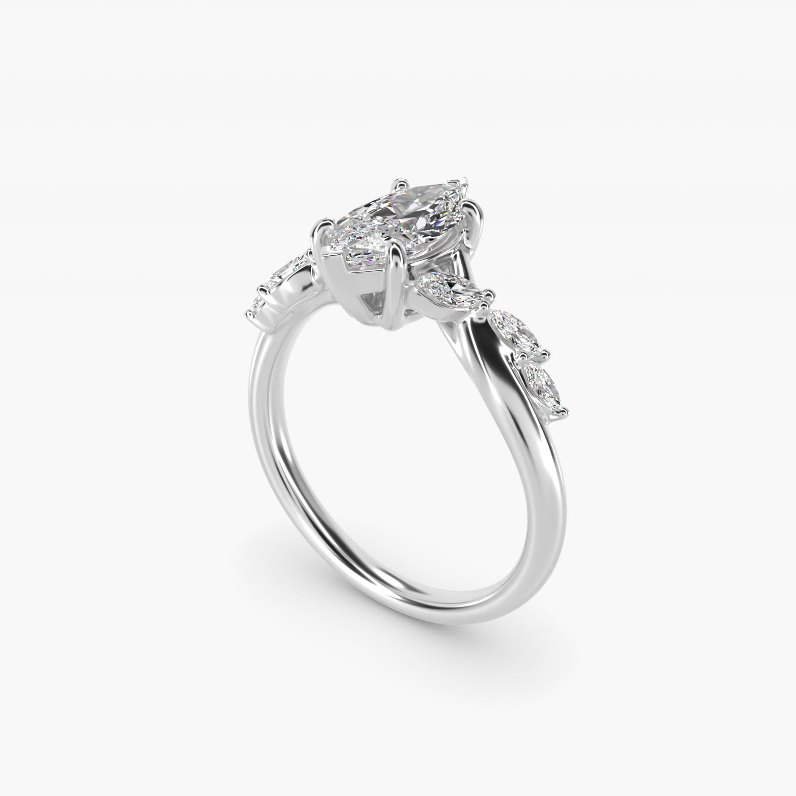 Leaf Vine Diamond Motif Side Stone Engagement Ring In 14K White Gold By James Allen - Marquise Center