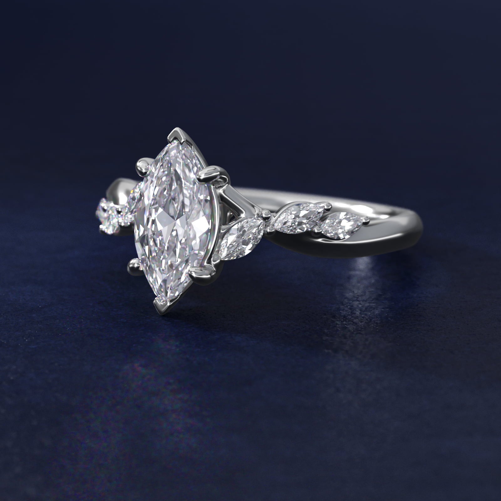 Leaf Vine Diamond Motif Side Stone Engagement Ring In 14K White Gold By James Allen - Marquise Center