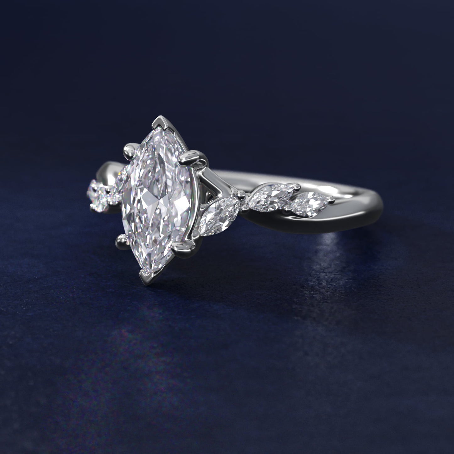Leaf Vine Diamond Motif Side Stone Engagement Ring In 18k White Gold By James Allen - Marquise Center