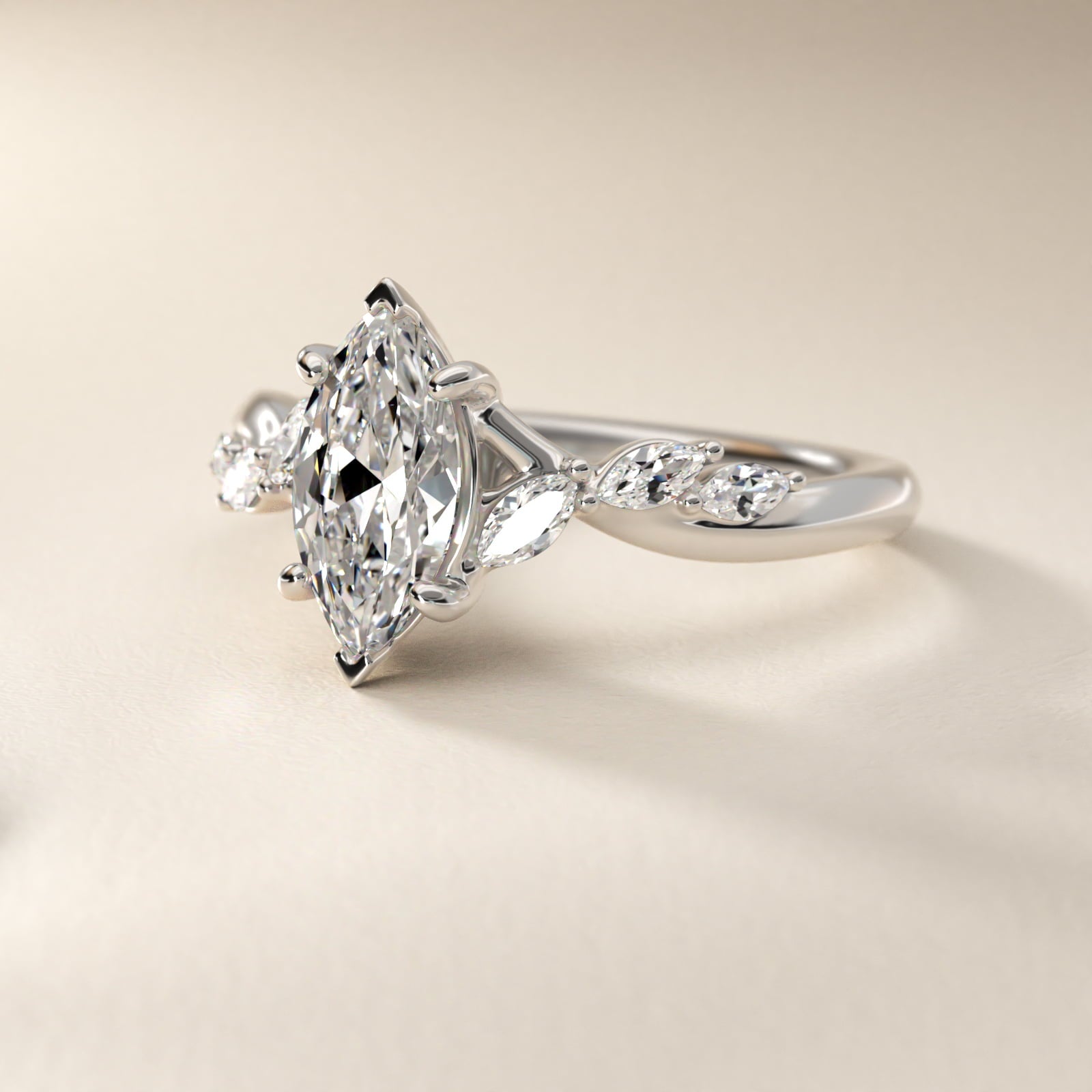 Leaf Vine Diamond Motif Side Stone Engagement Ring In Platinum By James Allen - Marquise Center