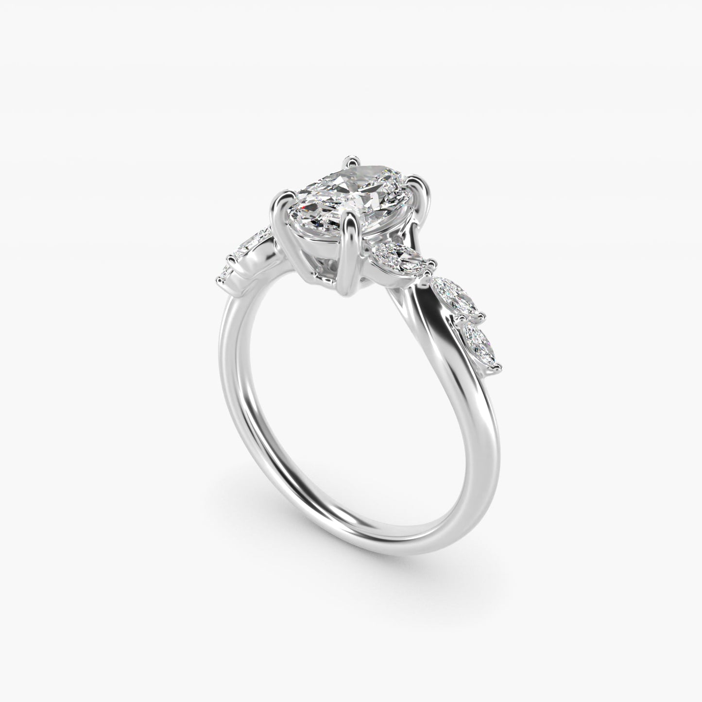 Leaf Vine Diamond Motif Side Stone Engagement Ring In 14K White Gold By James Allen - Oval Center