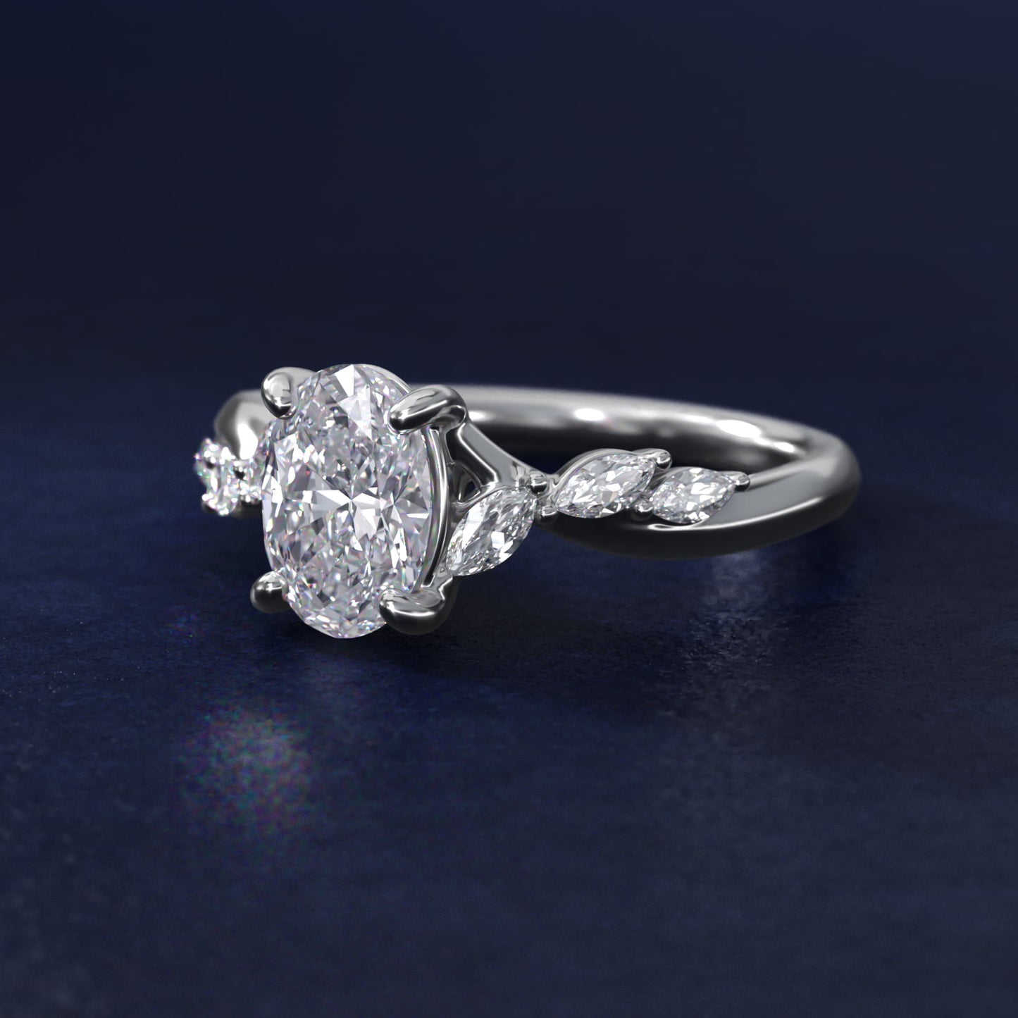 Leaf Vine Diamond Motif Side Stone Engagement Ring In 18k White Gold By James Allen - Oval Center