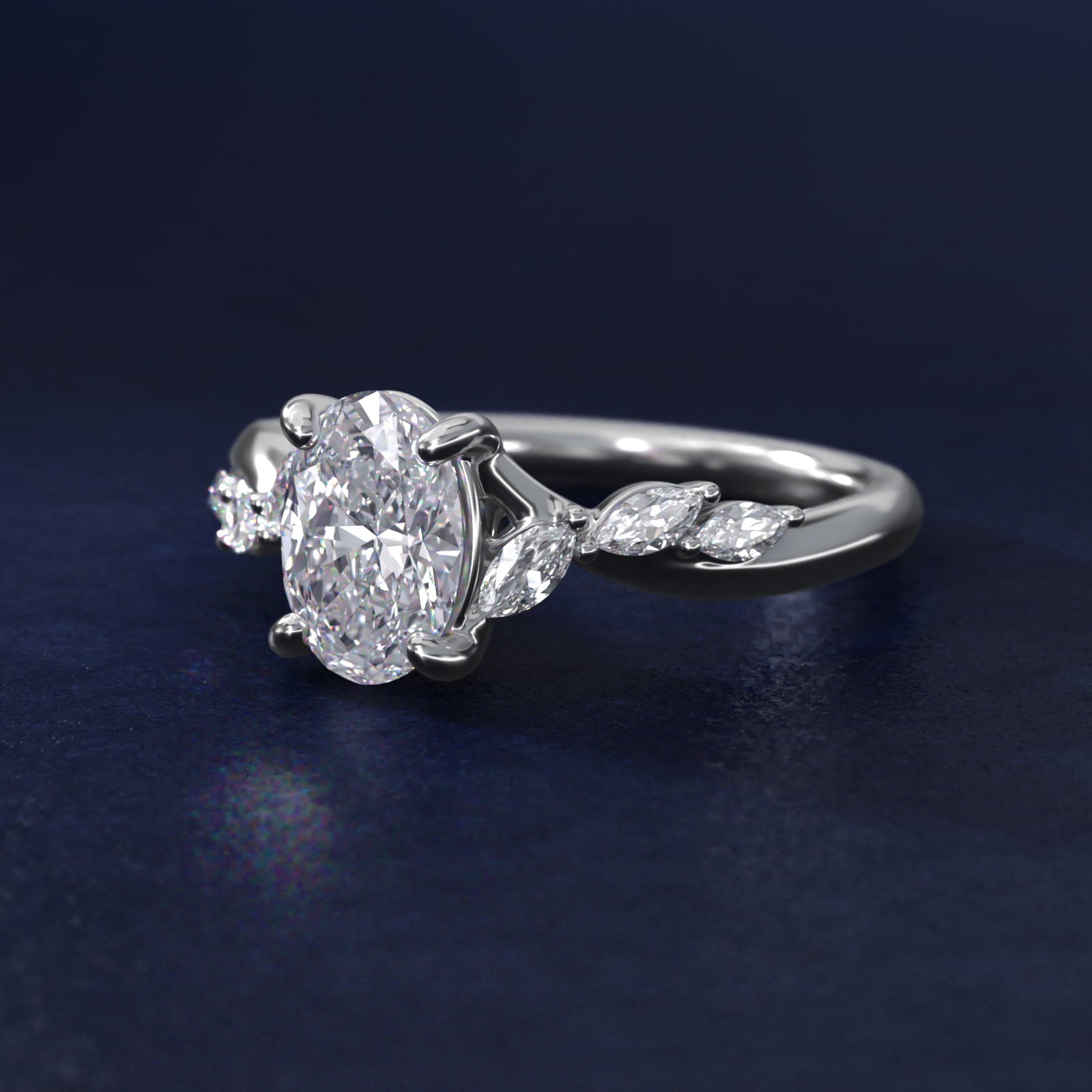 Leaf Vine Diamond Motif Side Stone Engagement Ring In 18k White Gold By James Allen - Oval Center