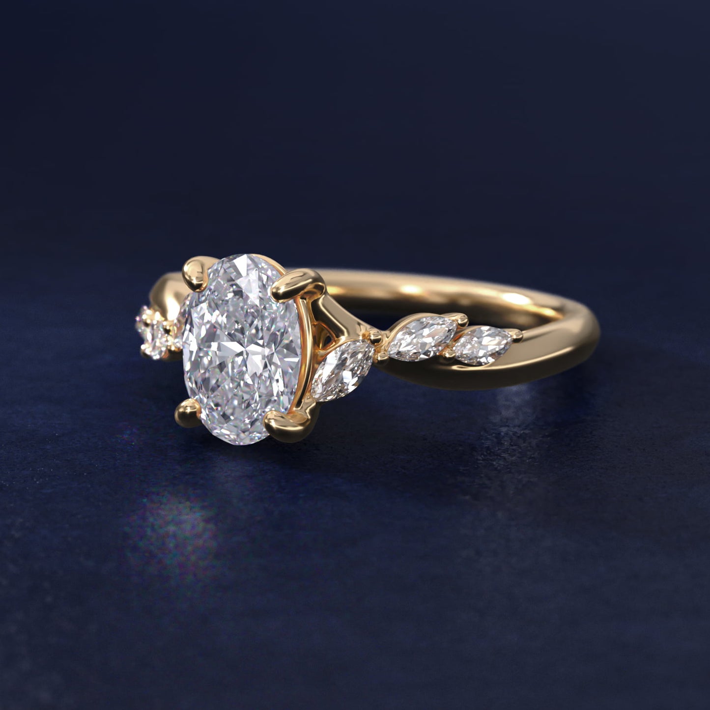 Leaf Vine Diamond Motif Side Stone Engagement Ring In 14K Yellow Gold By James Allen - Oval Center