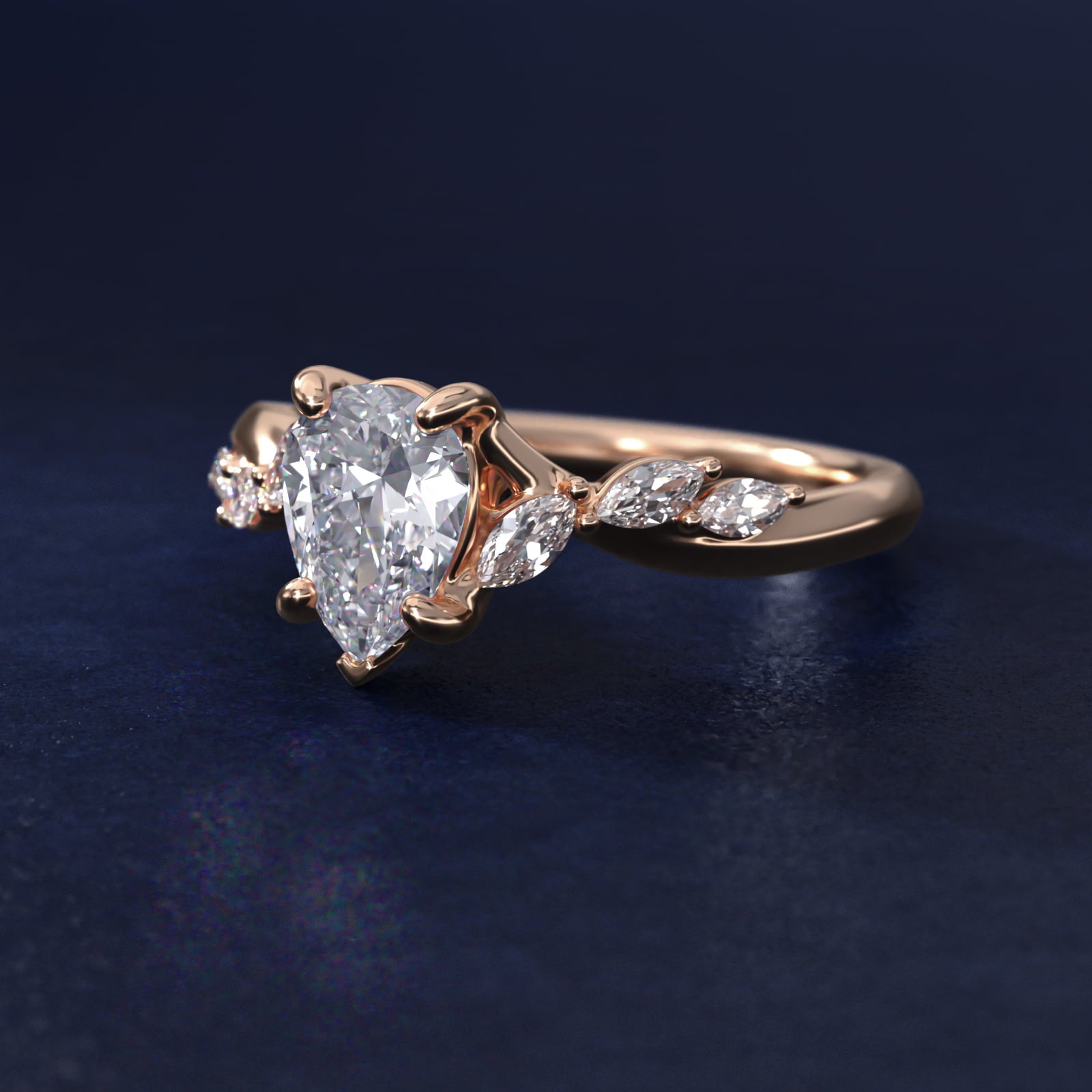 Leaf Vine Diamond Motif Side Stone Engagement Ring In 14K Rose Gold By James Allen - Pear Center