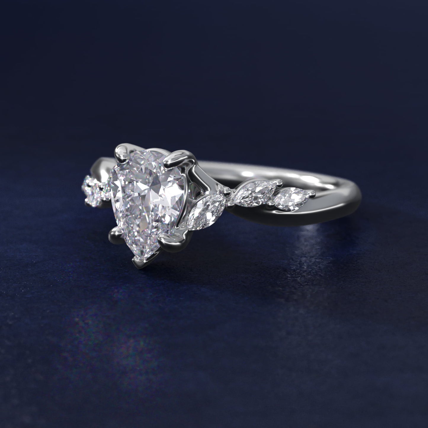 Leaf Vine Diamond Motif Side Stone Engagement Ring In 14K White Gold By James Allen - Pear Center