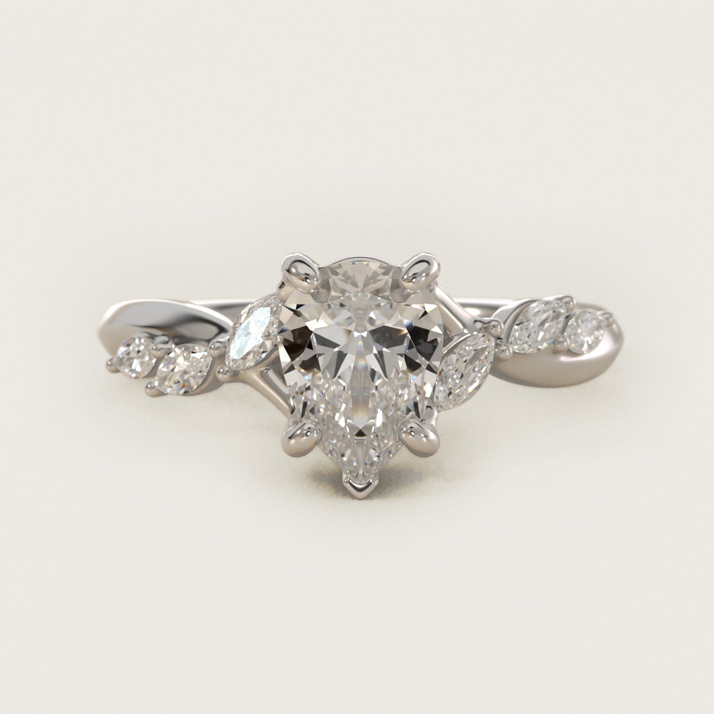 Leaf Vine Diamond Motif Side Stone Engagement Ring In 14K White Gold By James Allen - Pear Center