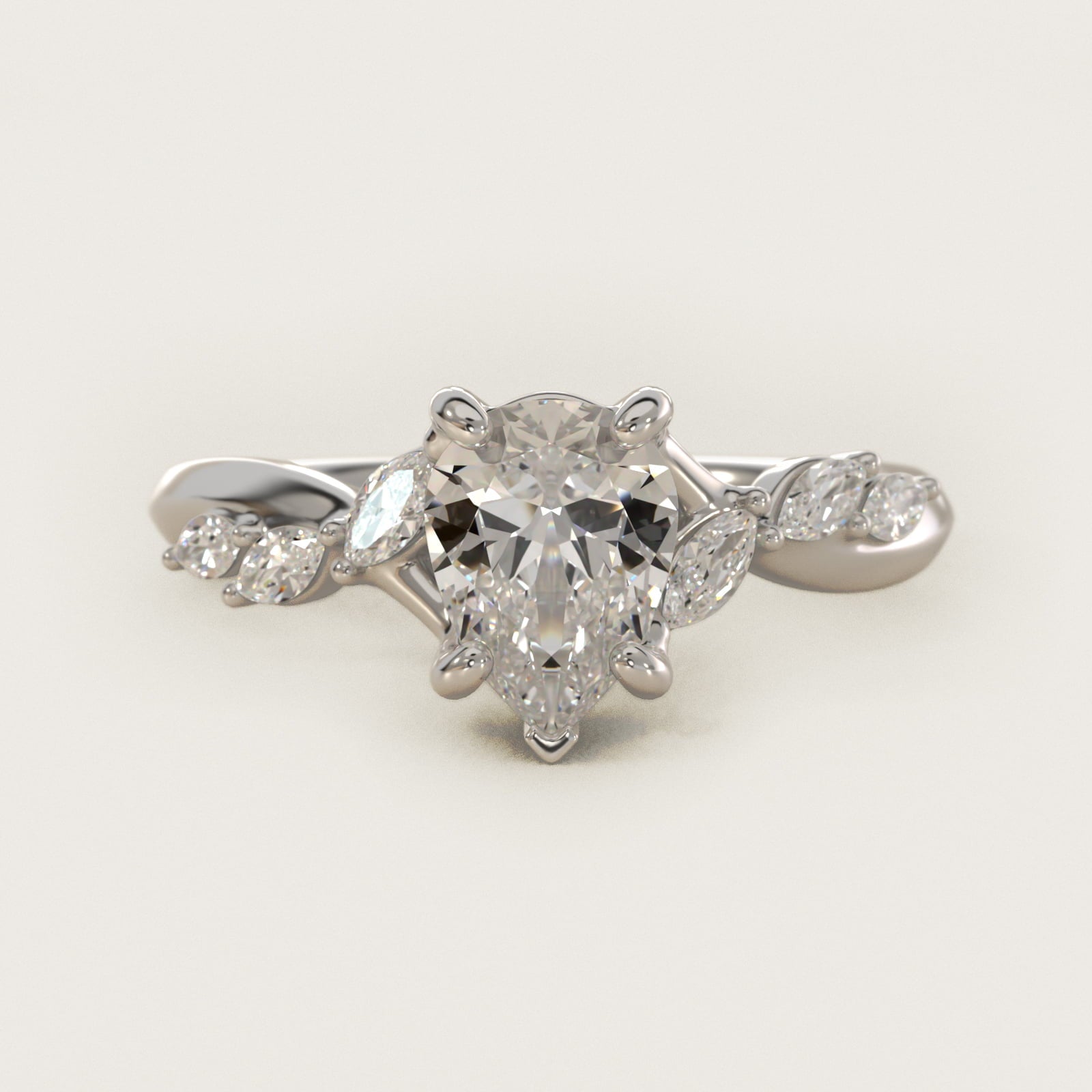 Leaf Vine Diamond Motif Side Stone Engagement Ring In 14K White Gold By James Allen - Pear Center