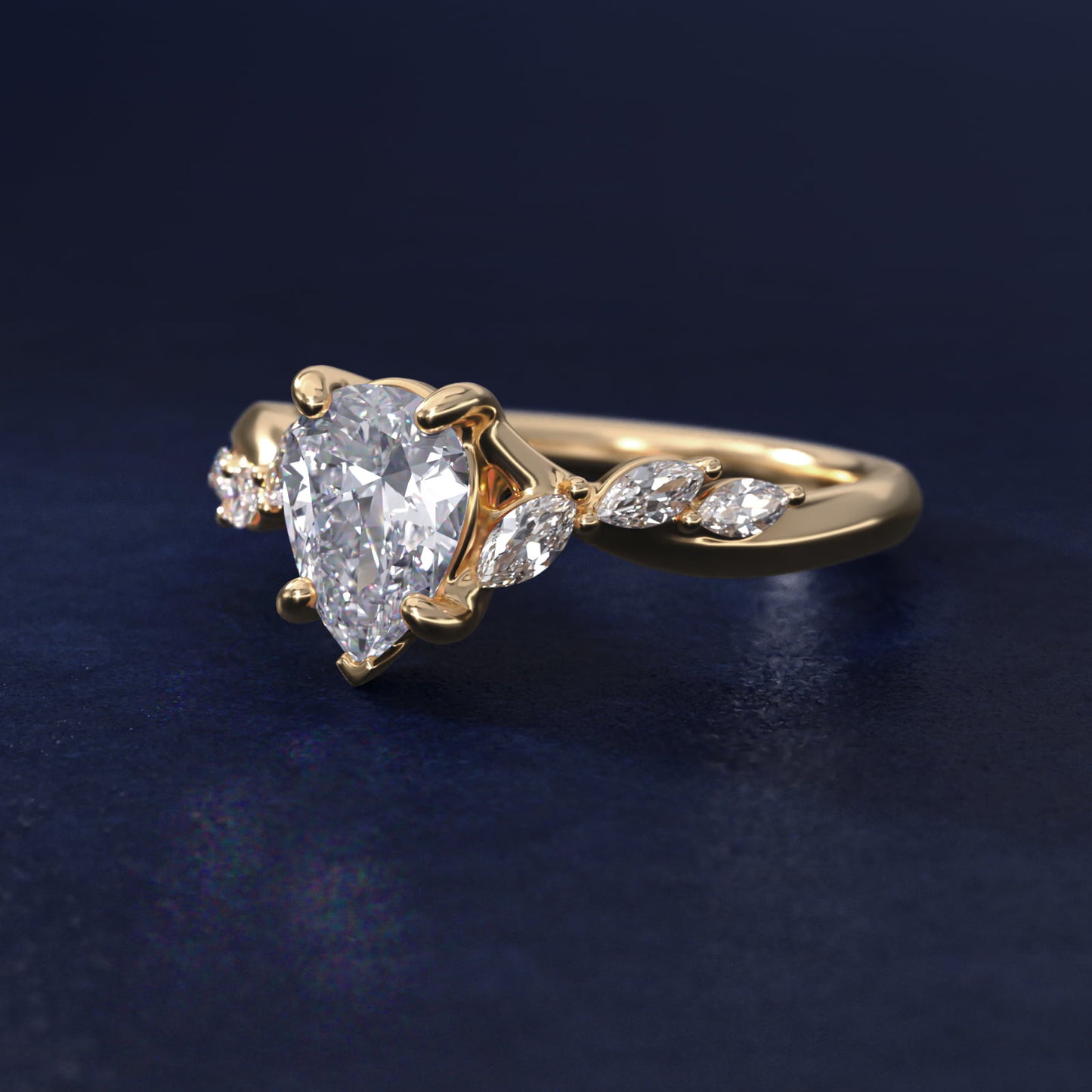 Leaf Vine Diamond Motif Side Stone Engagement Ring In 14K Yellow Gold By James Allen - Pear Center
