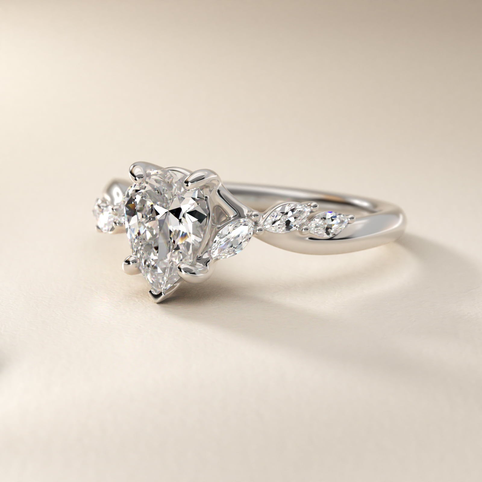 Leaf Vine Diamond Motif Side Stone Engagement Ring In Platinum By James Allen - Pear Center