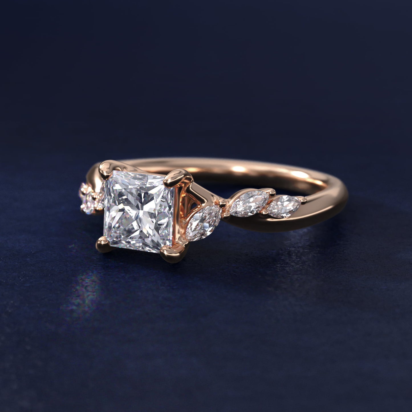 Leaf Vine Diamond Motif Side Stone Engagement Ring In 14K Rose Gold By James Allen - Princess Center