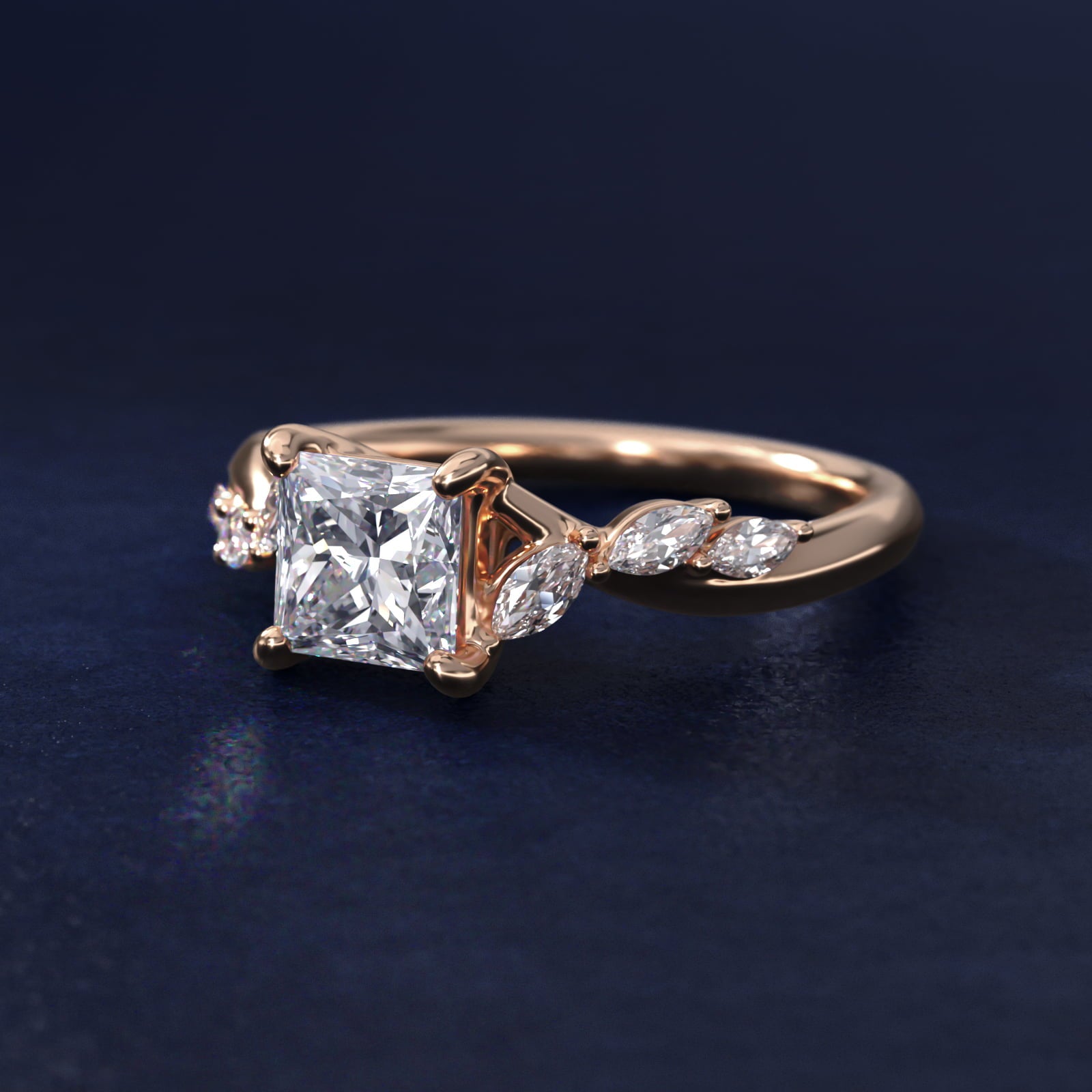 Leaf Vine Diamond Motif Side Stone Engagement Ring In 14K Rose Gold By James Allen - Princess Center