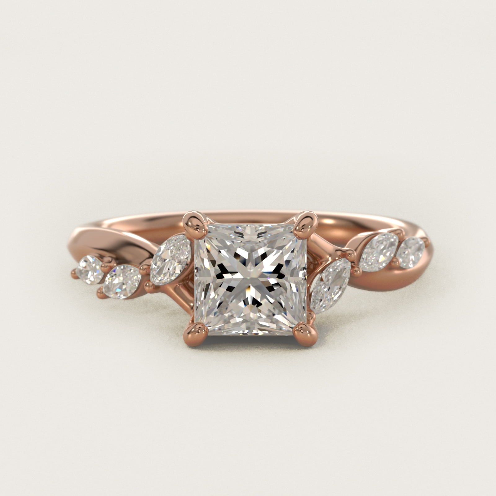 Leaf Vine Diamond Motif Side Stone Engagement Ring In 14K Rose Gold By James Allen - Princess Center
