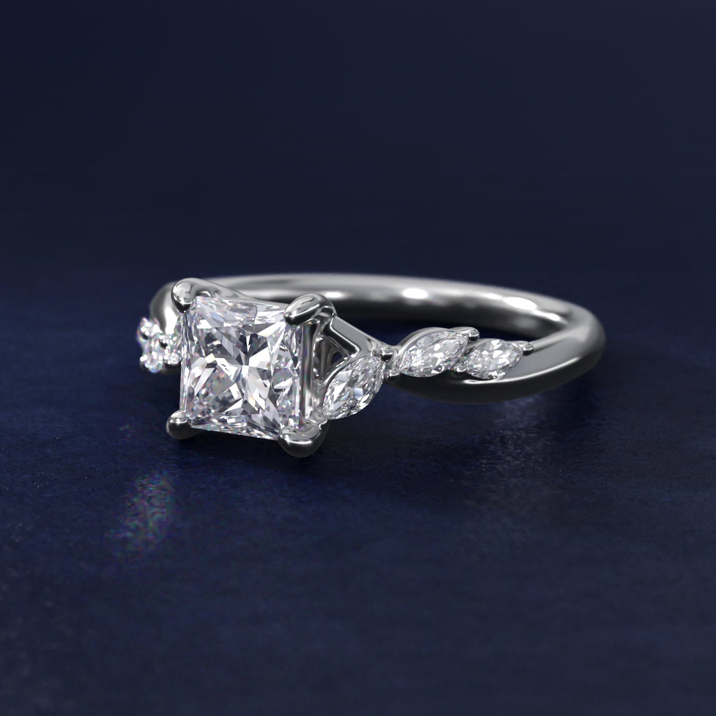Leaf Vine Diamond Motif Side Stone Engagement Ring In 14K White Gold By James Allen - Princess Center