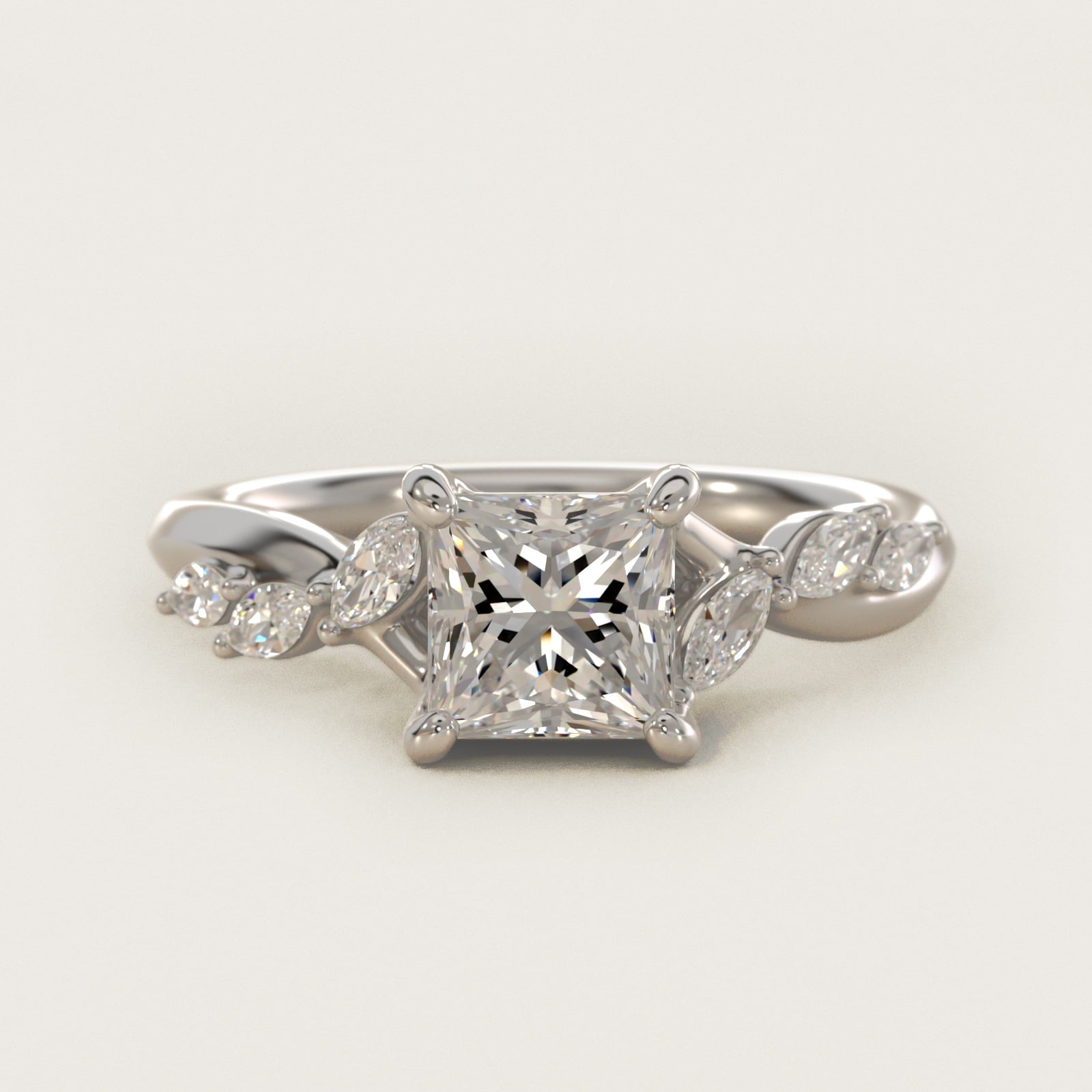 Leaf Vine Diamond Motif Side Stone Engagement Ring In 14K White Gold By James Allen - Princess Center