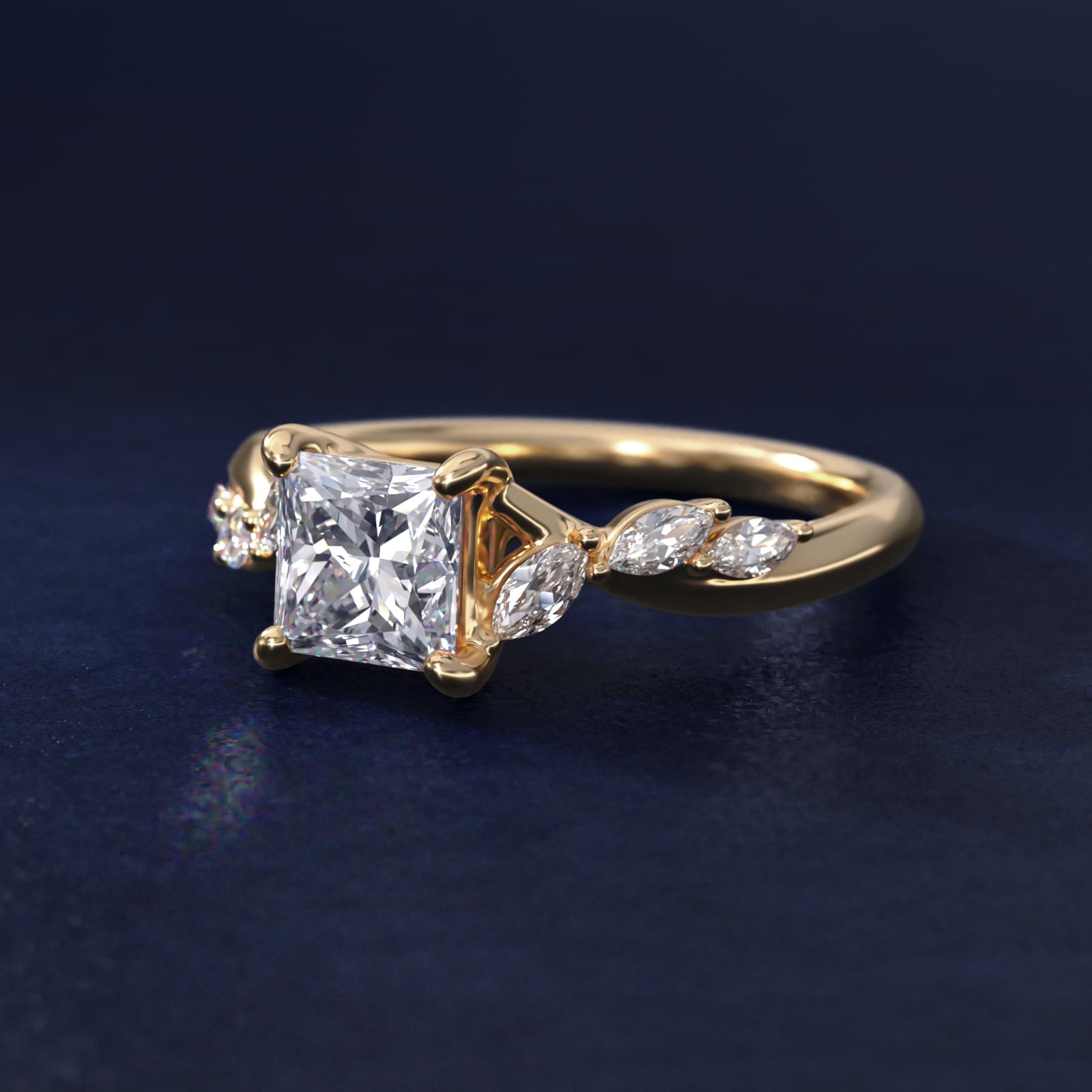 Leaf Vine Diamond Motif Side Stone Engagement Ring In 14K Yellow Gold By James Allen - Princess Center