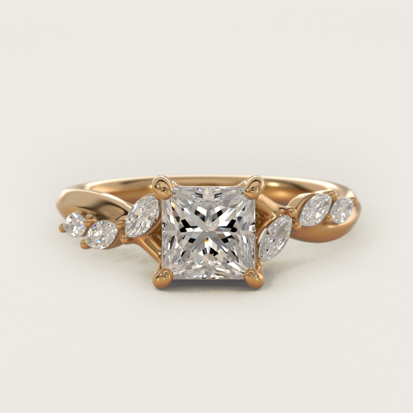 Leaf Vine Diamond Motif Side Stone Engagement Ring In 14K Yellow Gold By James Allen - Princess Center