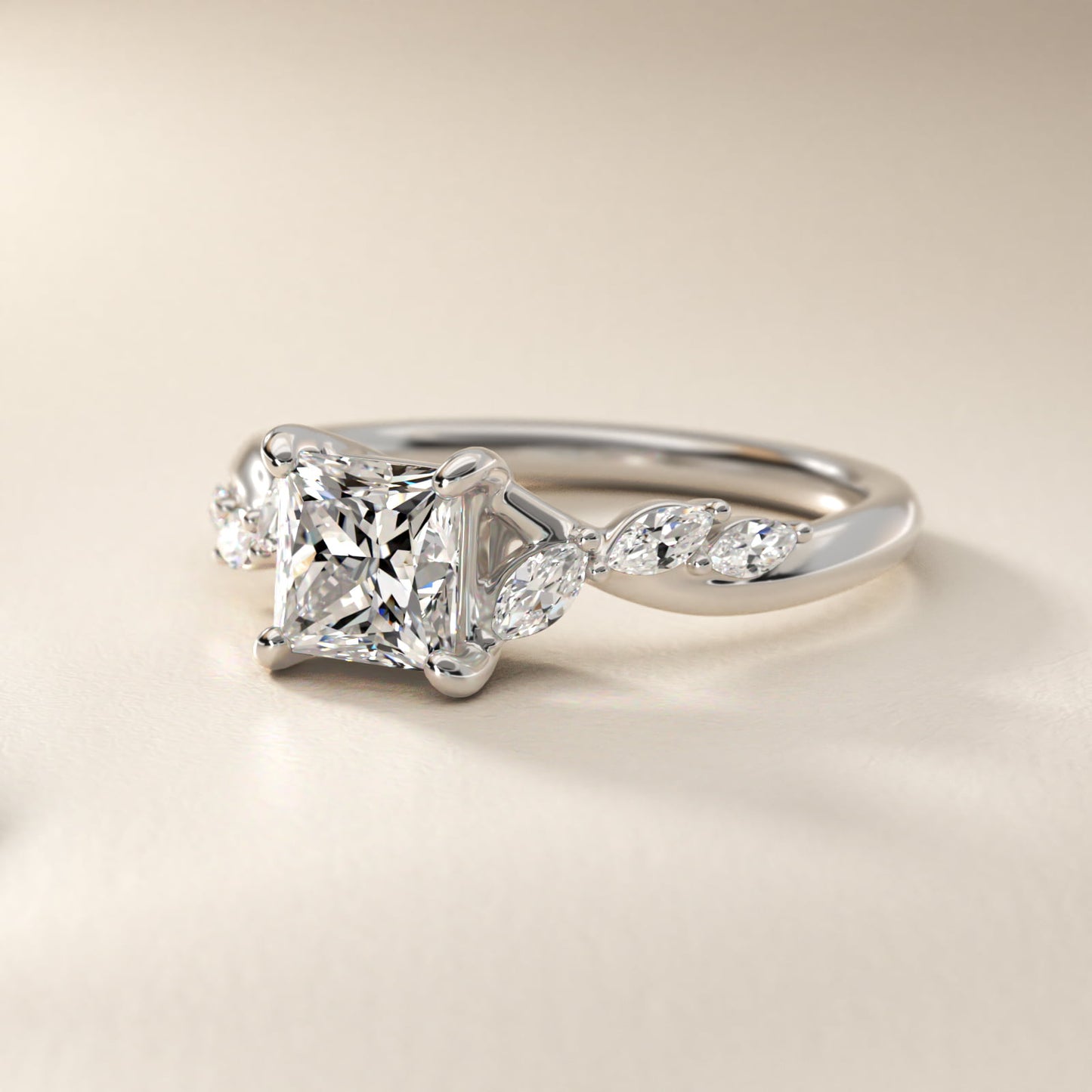 Leaf Vine Diamond Motif Side Stone Engagement Ring In Platinum By James Allen - Princess Center