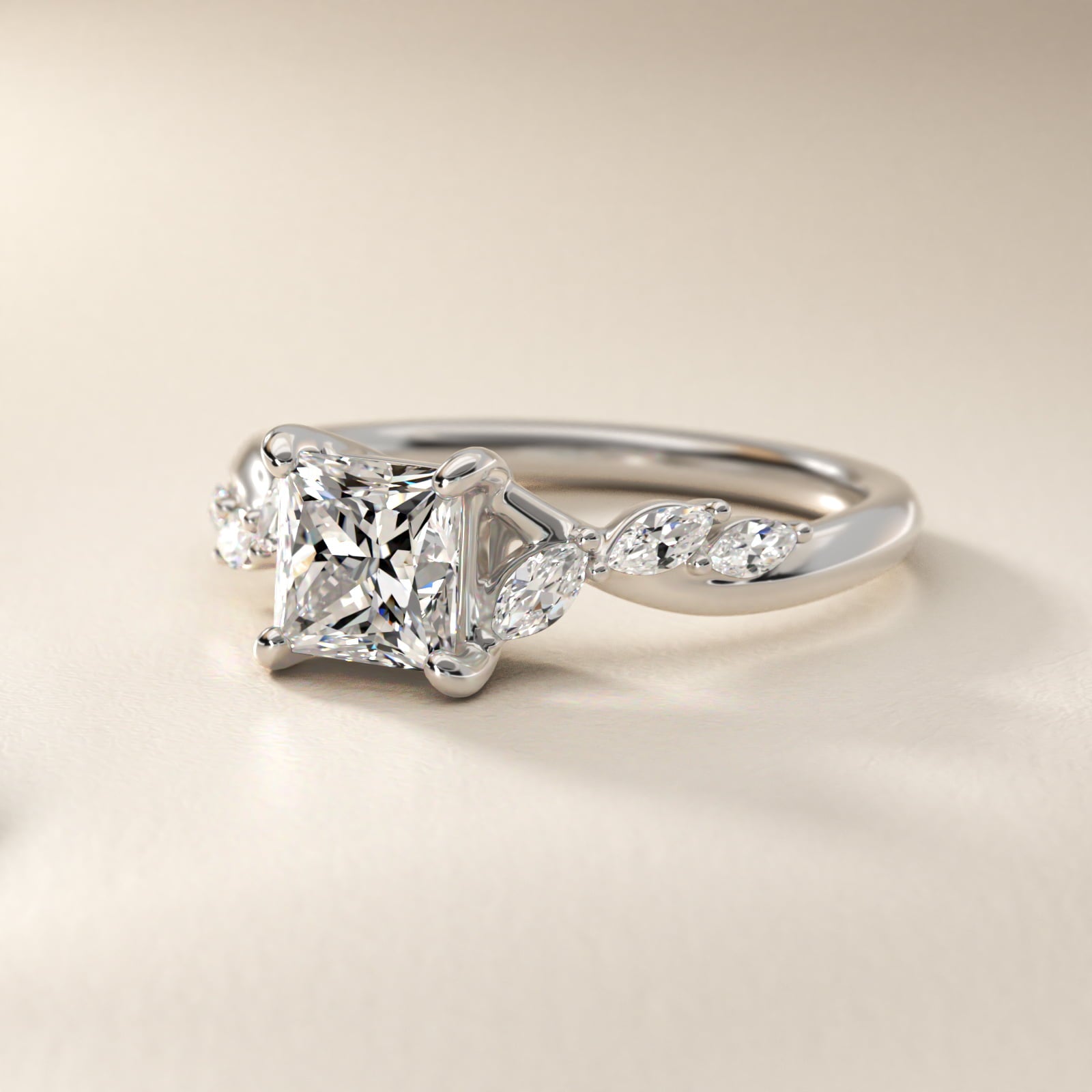 Leaf Vine Diamond Motif Side Stone Engagement Ring In Platinum By James Allen - Princess Center