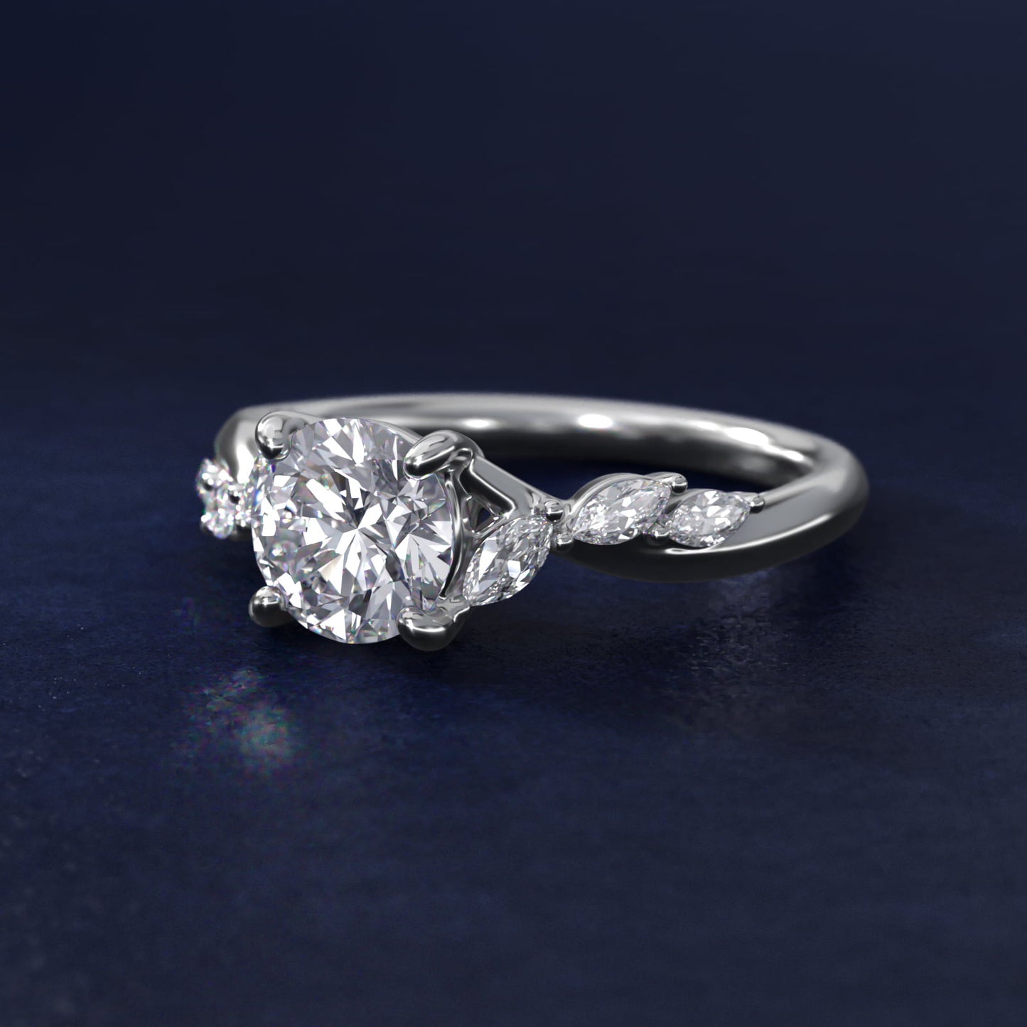 Leaf Vine Diamond Motif Side Stone Engagement Ring In 14K White Gold By James Allen - Round Center