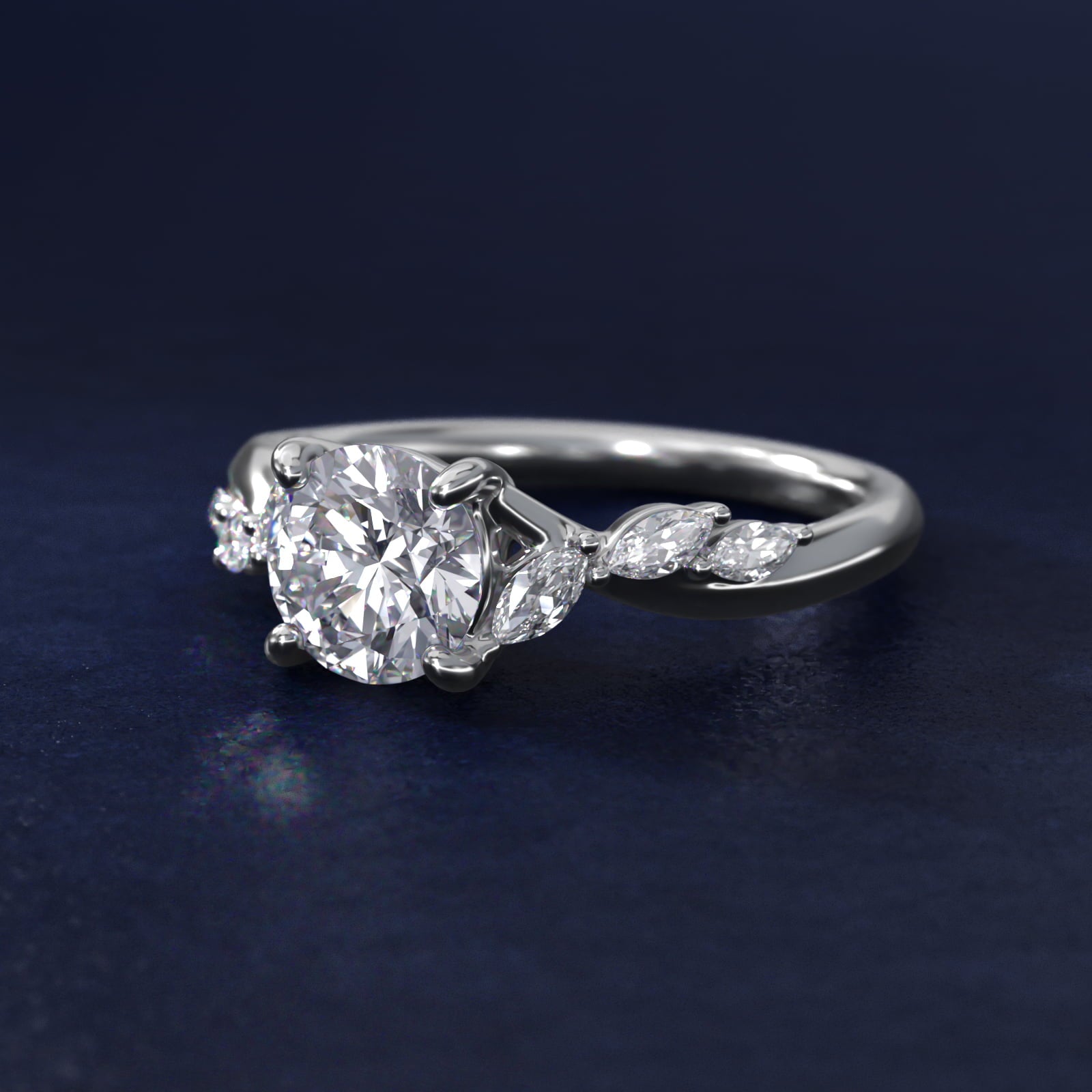 Leaf Vine Diamond Motif Side Stone Engagement Ring In 14K White Gold By James Allen - Round Center