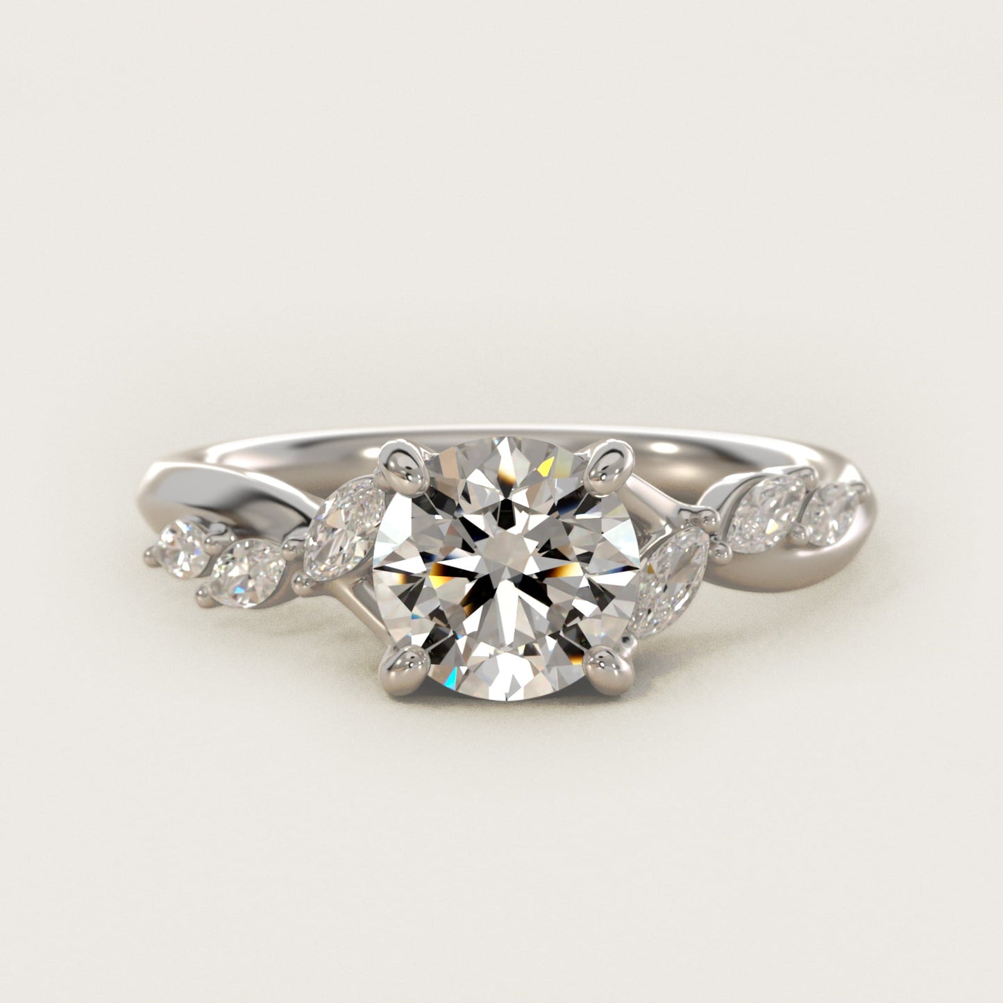 Leaf Vine Diamond Motif Side Stone Engagement Ring In 18k White Gold By James Allen - Round Center