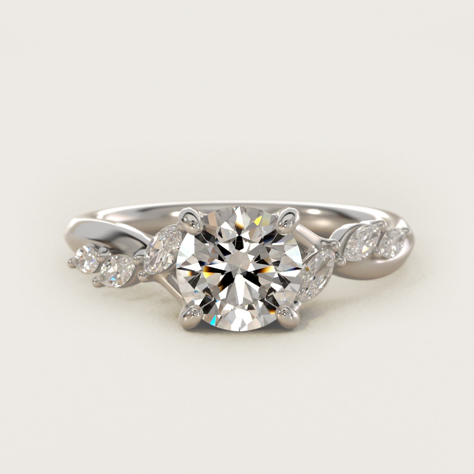 Leaf Vine Diamond Motif Side Stone Engagement Ring In 18k White Gold By James Allen - Round Center