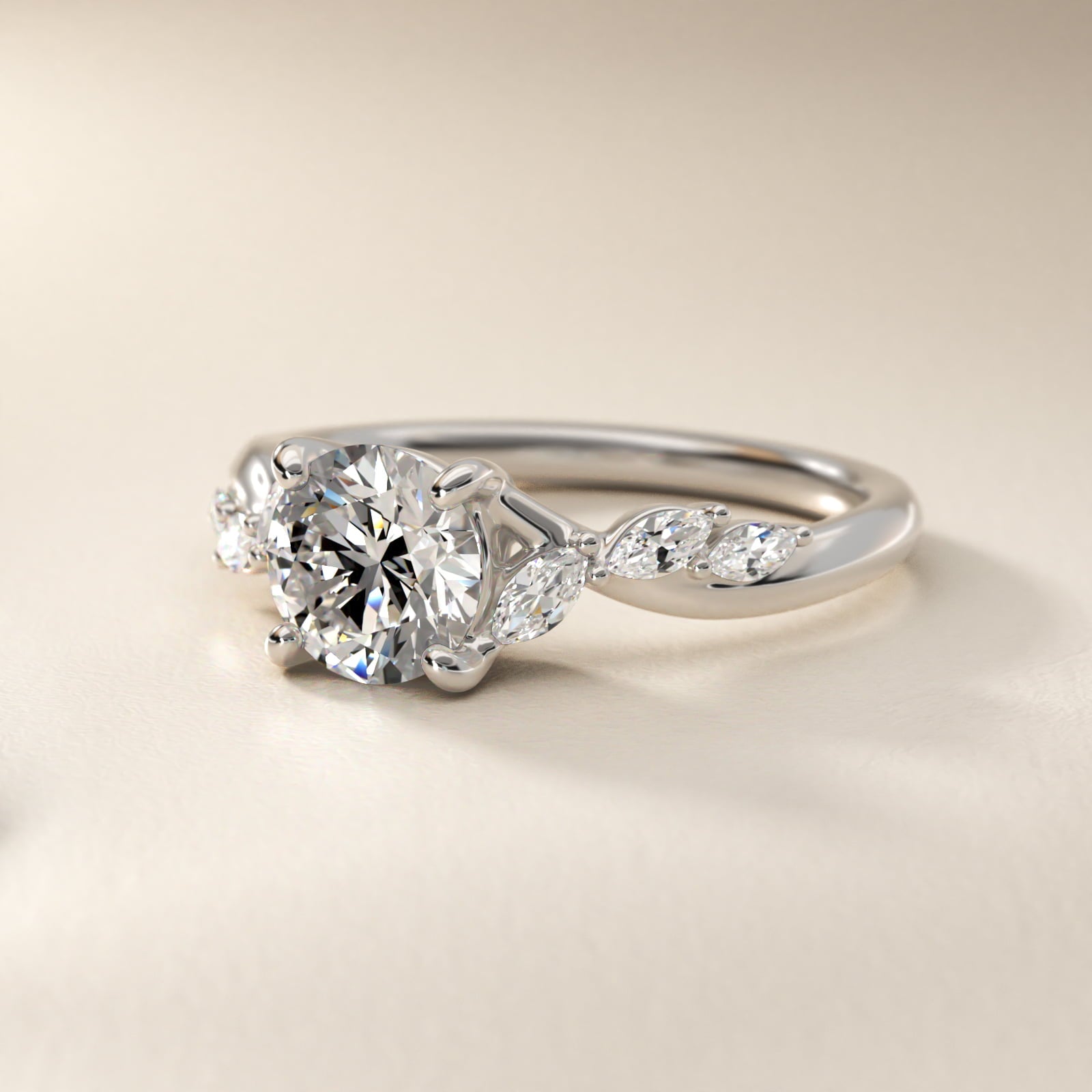 Leaf Vine Diamond Motif Side Stone Engagement Ring In Platinum By James Allen - Round Center