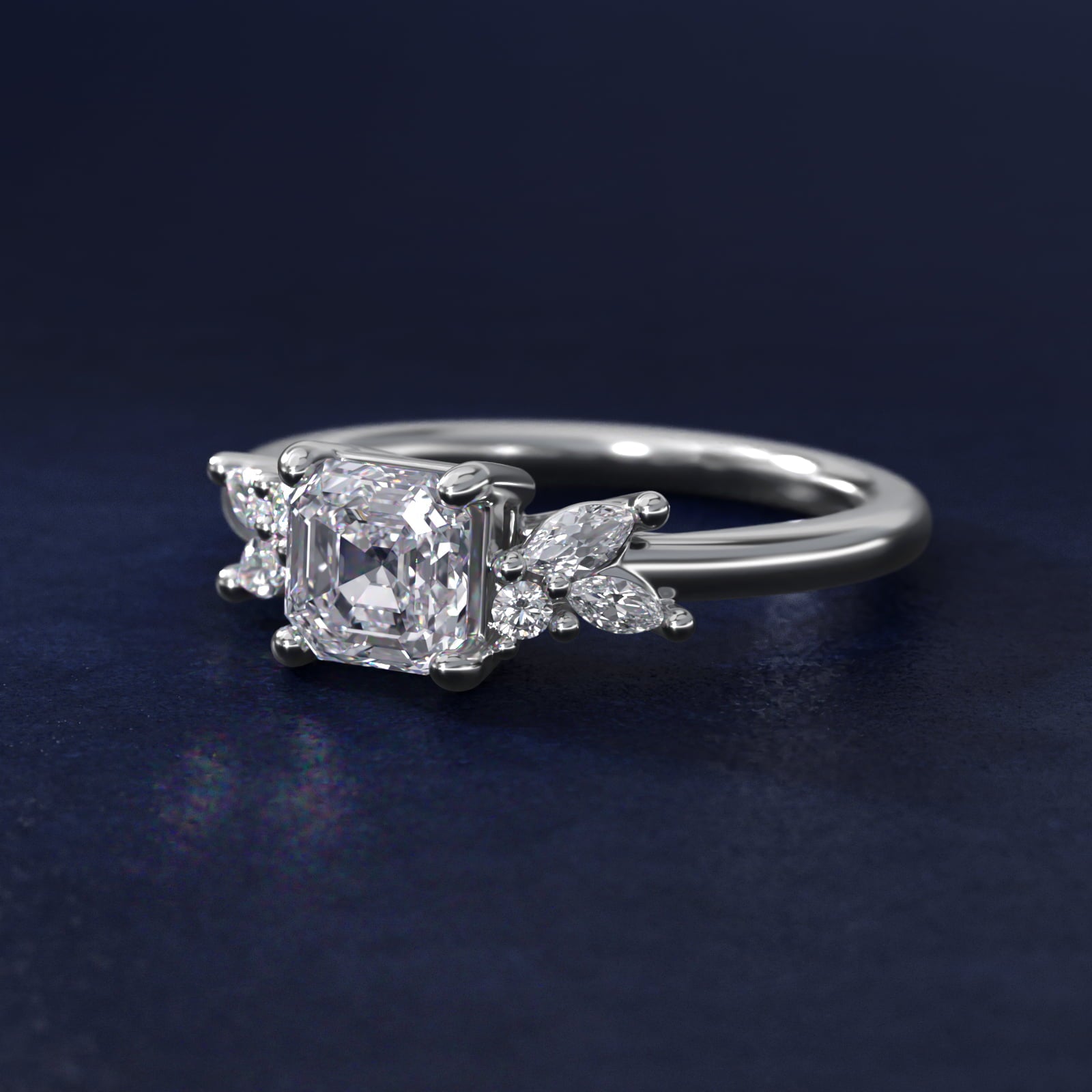 Marquise and Round Cluster Array Diamond Engagement Ring in 18k White Gold - Asscher Center