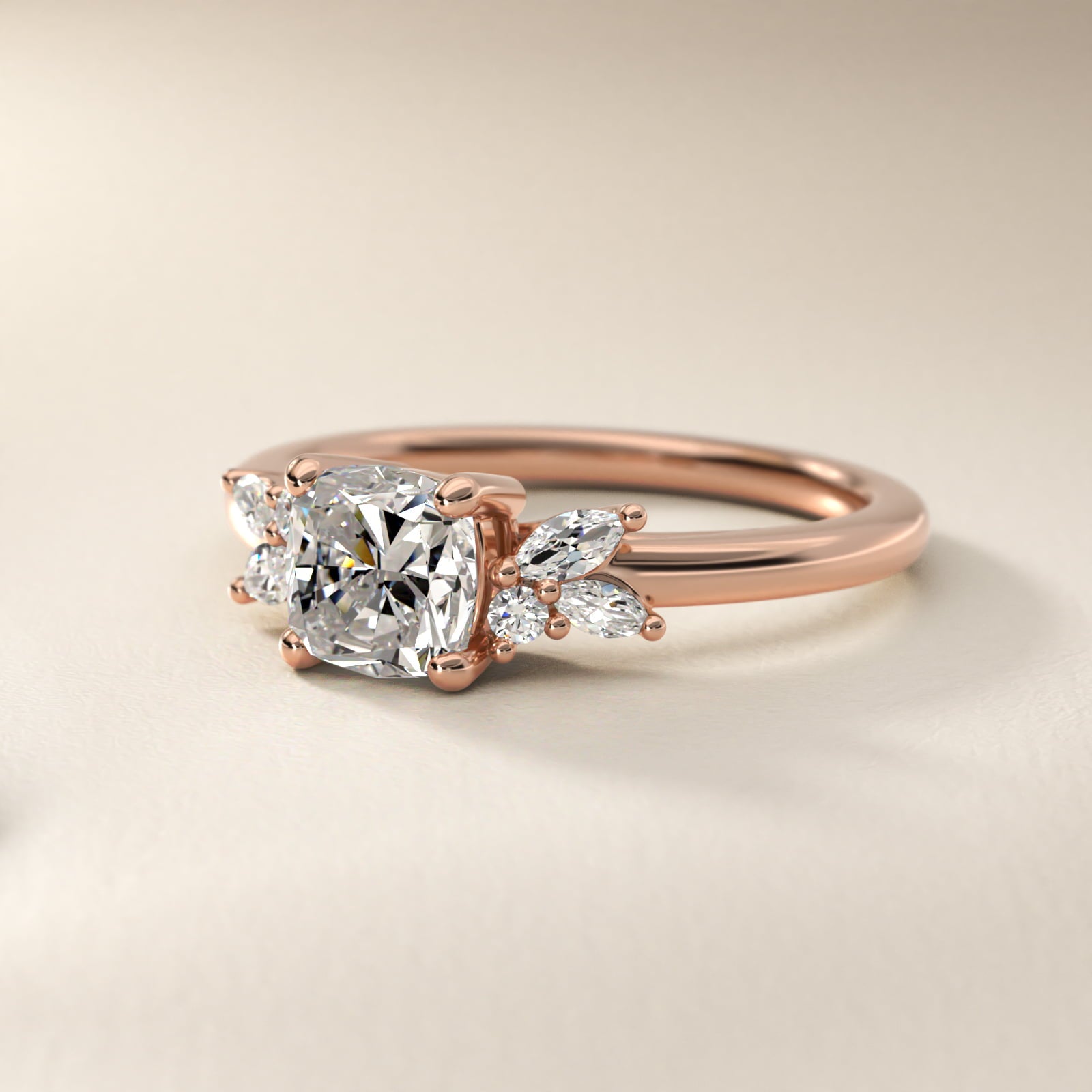 Marquise and Round Cluster Array Diamond Engagement Ring in 14k Rose Gold - Cushion Center