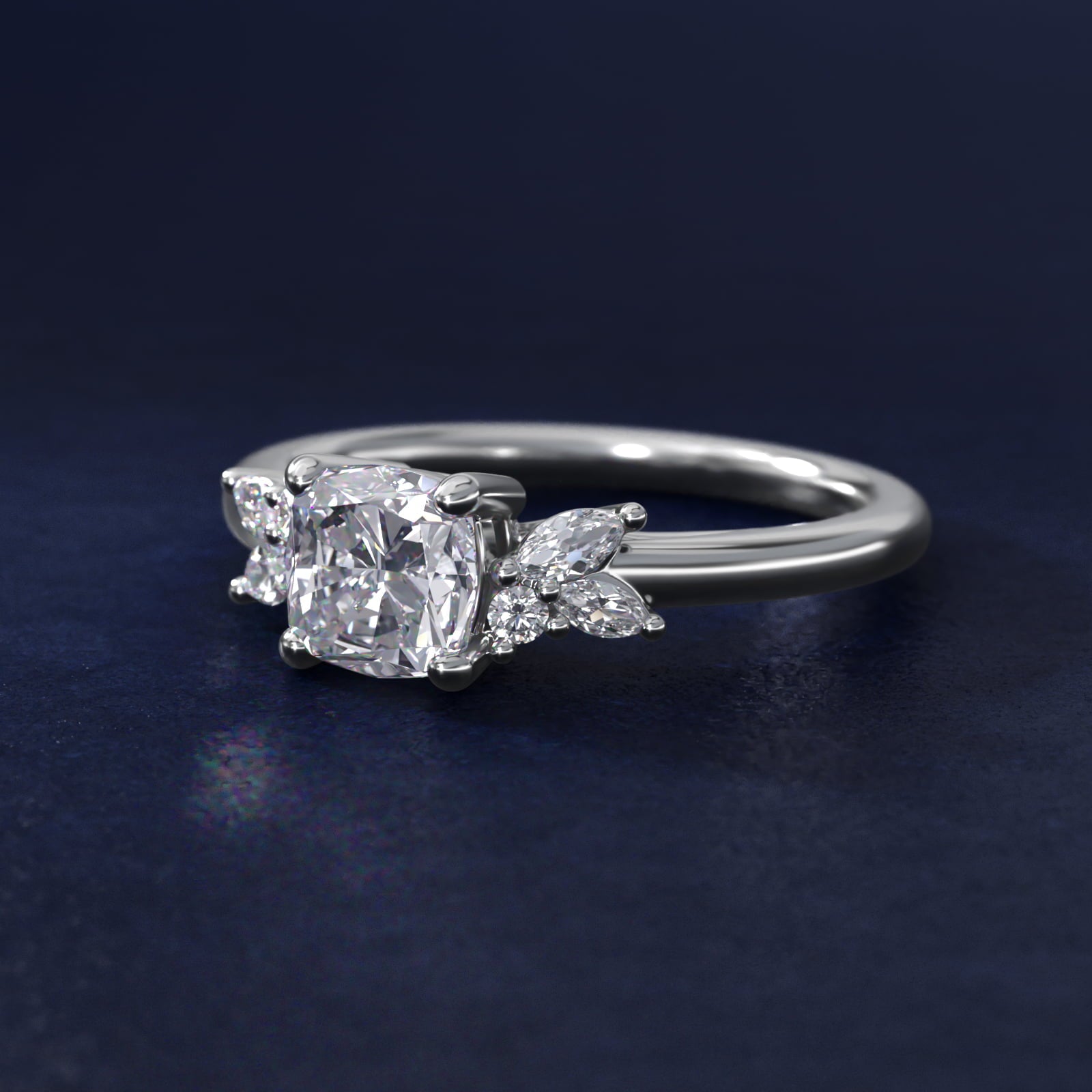 Marquise and Round Cluster Array Diamond Engagement Ring in 14k White Gold - Cushion Center