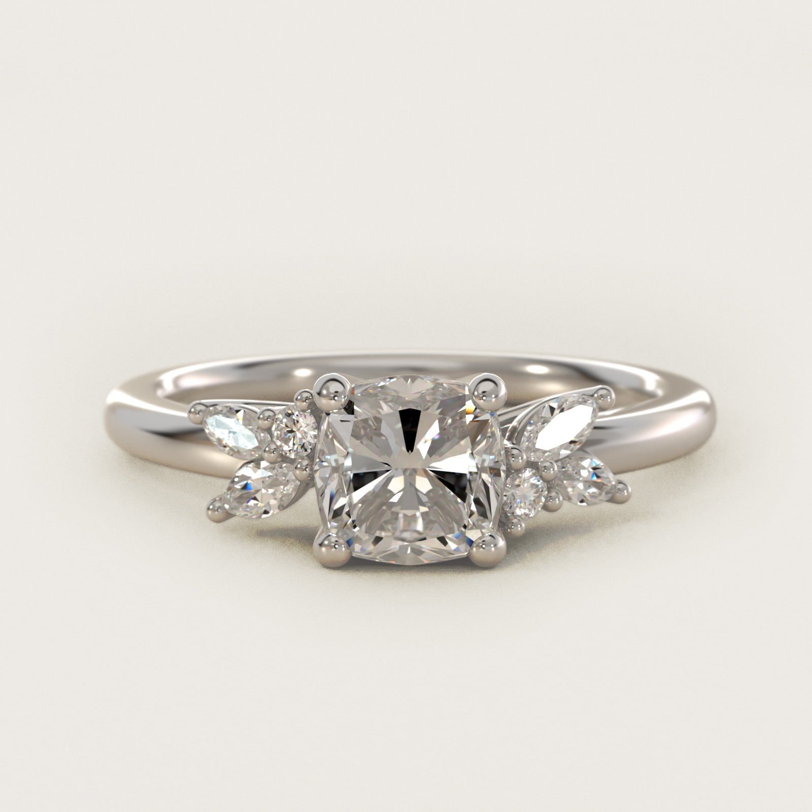 Marquise and Round Cluster Array Diamond Engagement Ring in 18k White Gold - Cushion Center