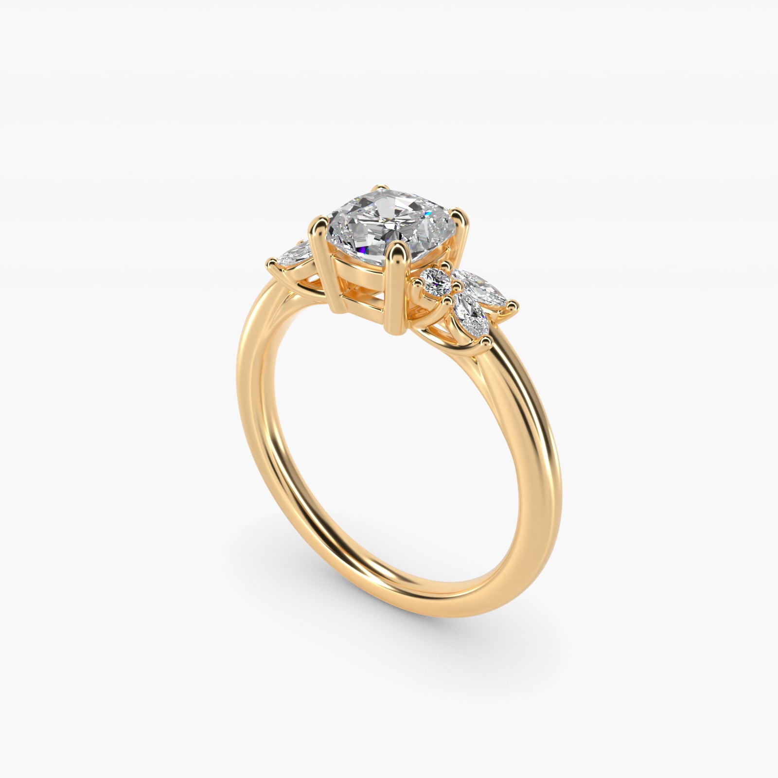Marquise and Round Cluster Array Diamond Engagement Ring in 14k Yellow Gold - Cushion Center