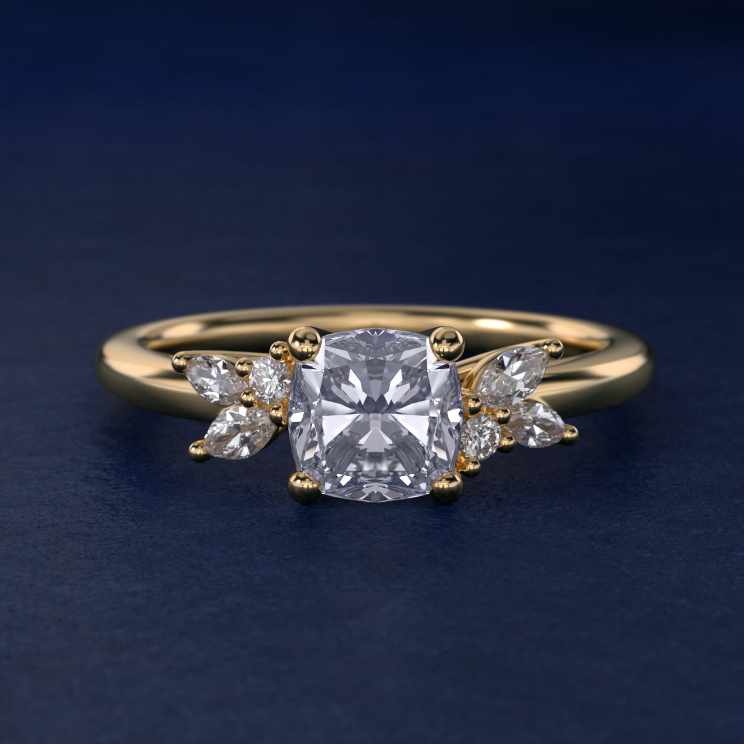 Marquise and Round Cluster Array Diamond Engagement Ring in 18k Yellow Gold - Cushion Center