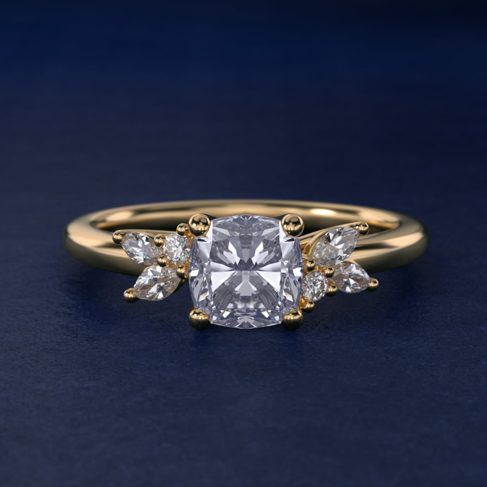 Marquise and Round Cluster Array Diamond Engagement Ring in 18k Yellow Gold - Cushion Center