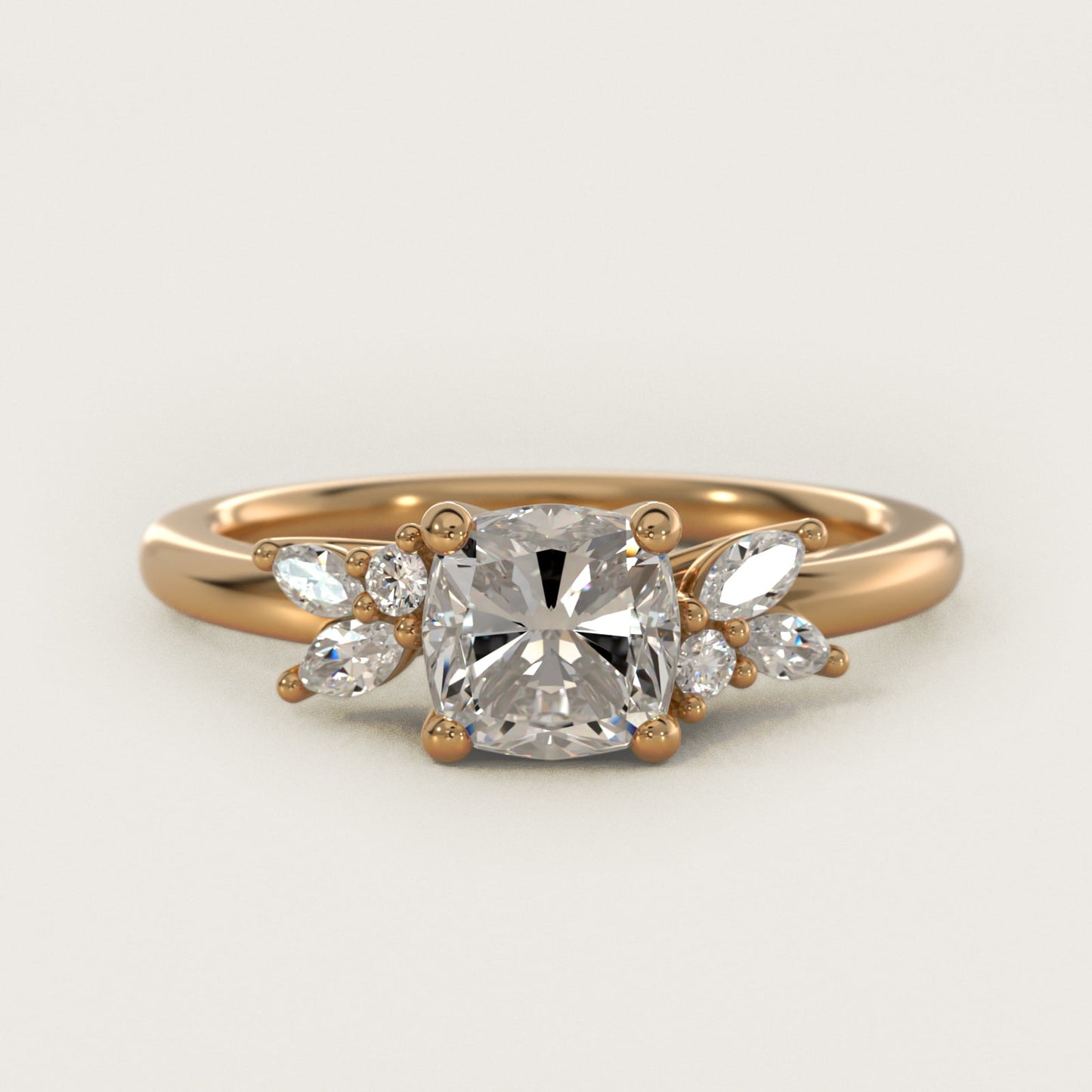 Marquise and Round Cluster Array Diamond Engagement Ring in 18k Yellow Gold - Cushion Center