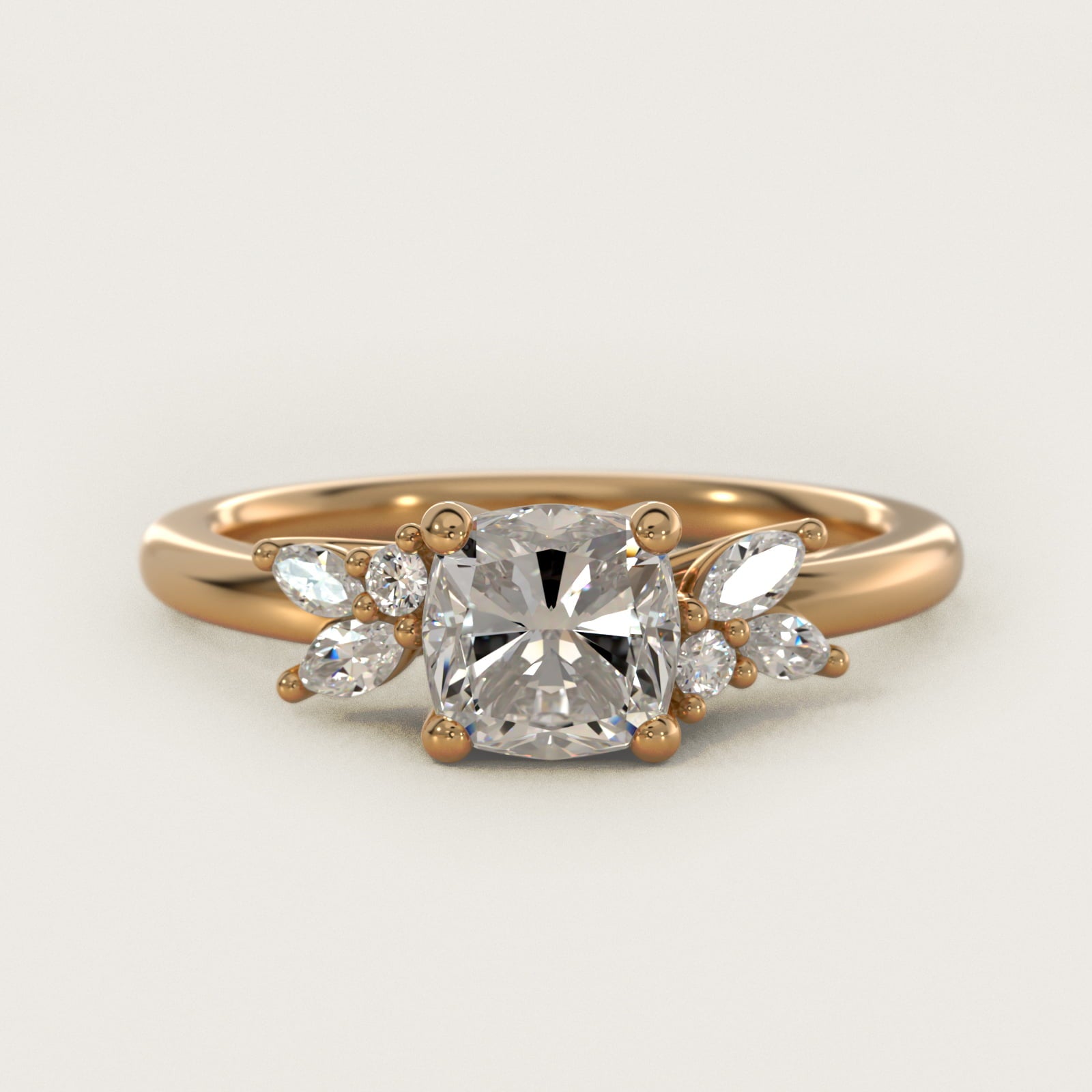 Marquise and Round Cluster Array Diamond Engagement Ring in 18k Yellow Gold - Cushion Center