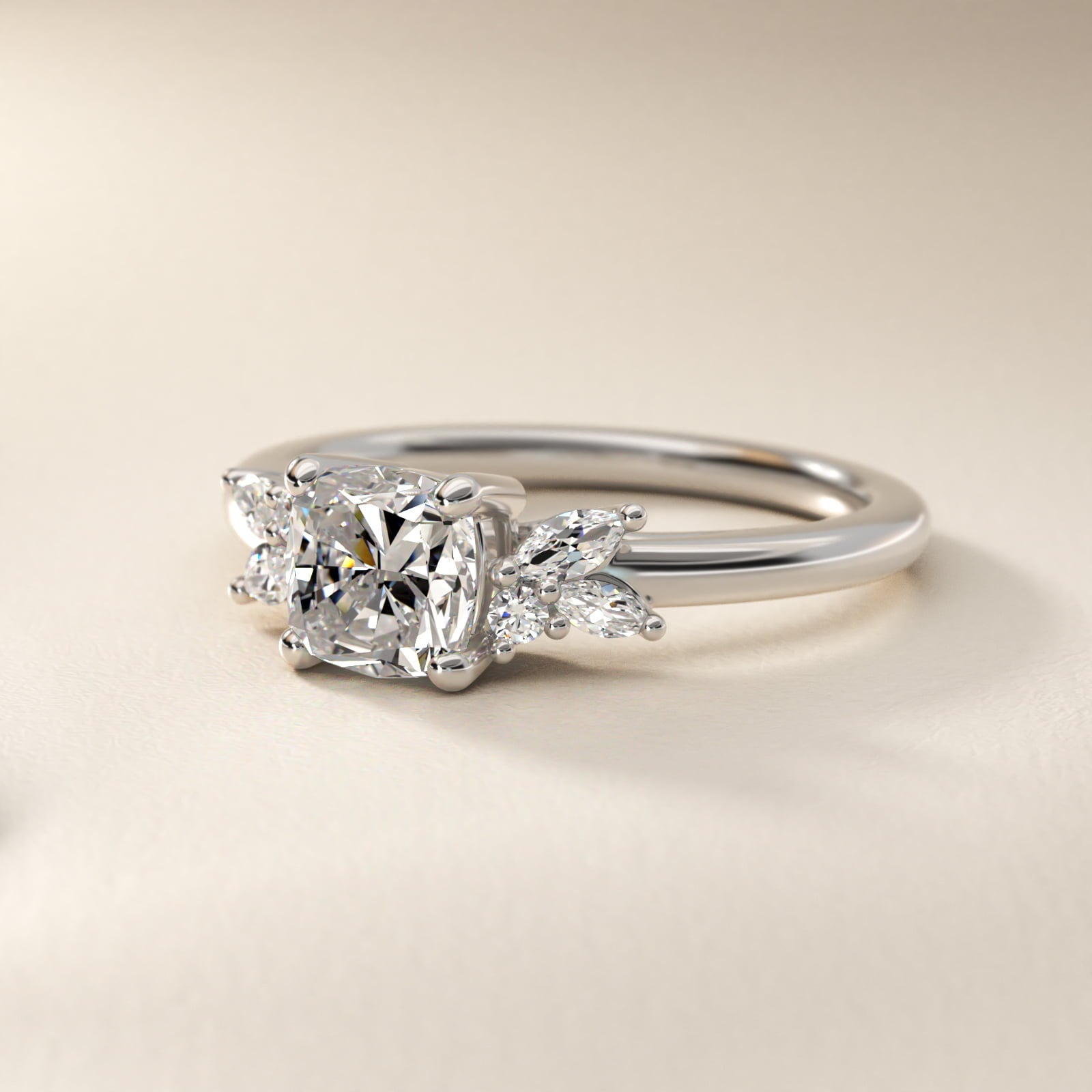 Marquise and Round Cluster Array Diamond Engagement Ring in Platinum - Cushion Center