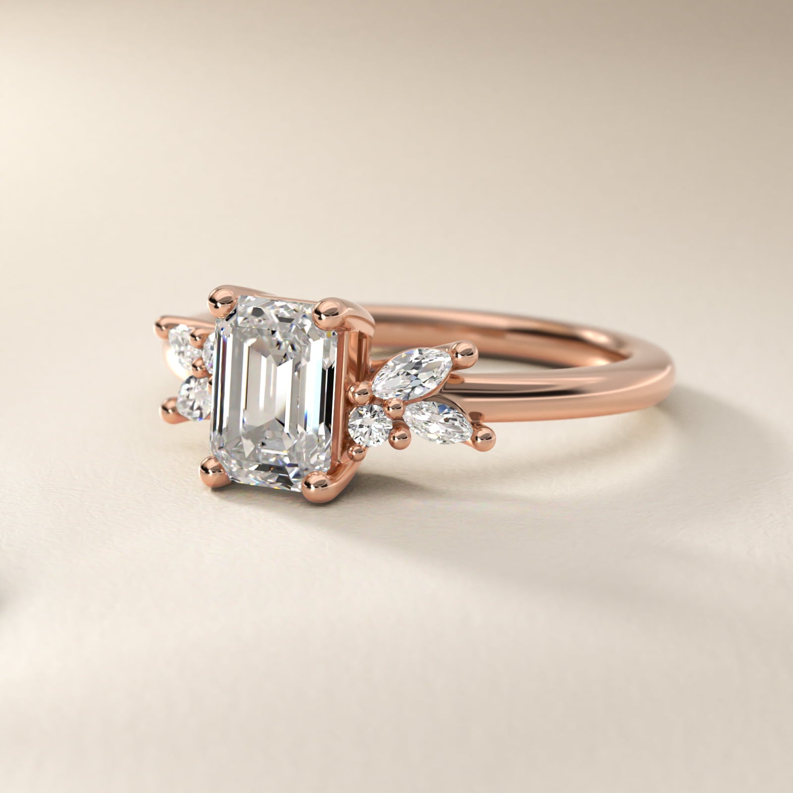 Marquise and Round Cluster Array Diamond Engagement Ring in 18k Rose Gold - Emerald Center