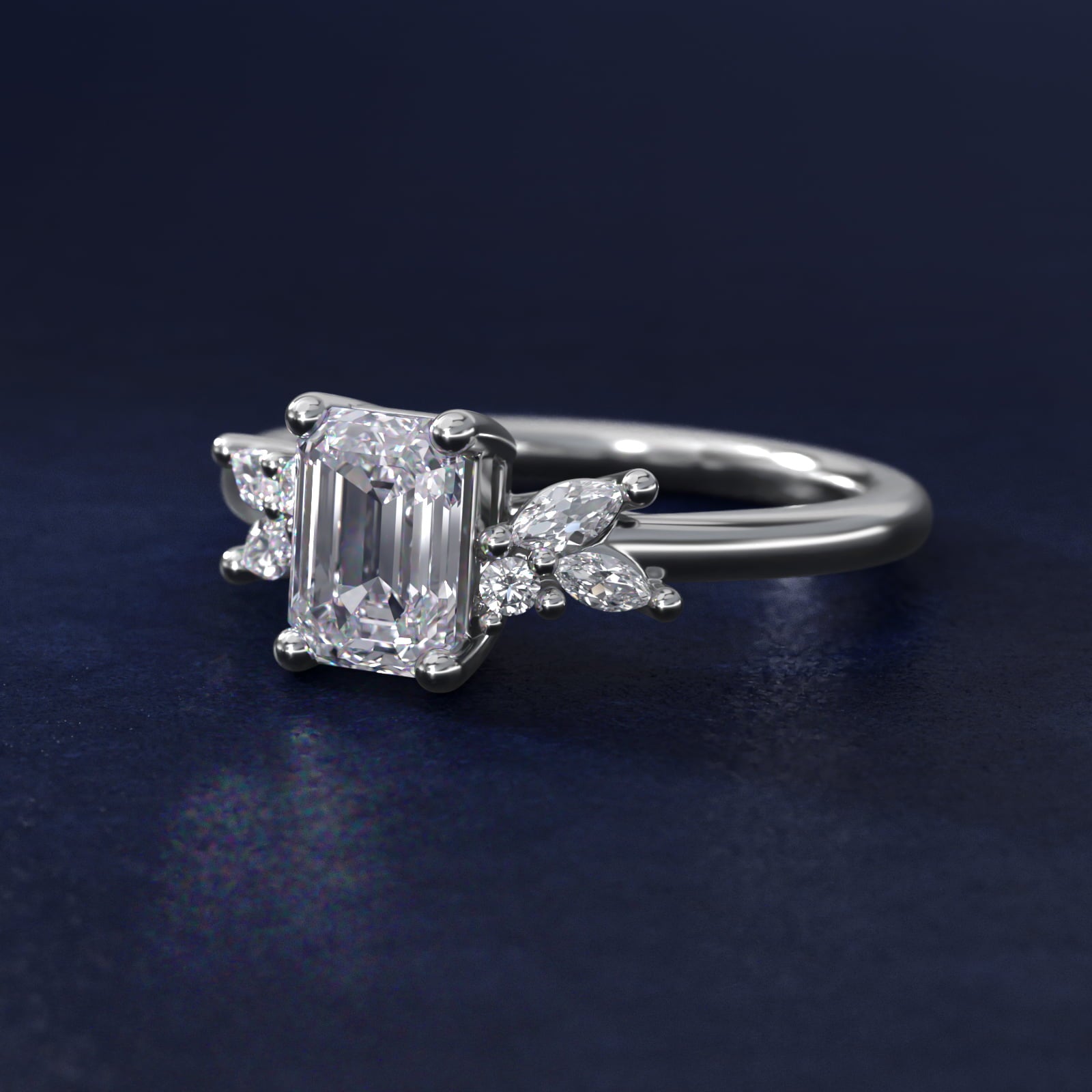 Marquise and Round Cluster Array Diamond Engagement Ring in 14k White Gold - Emerald Center