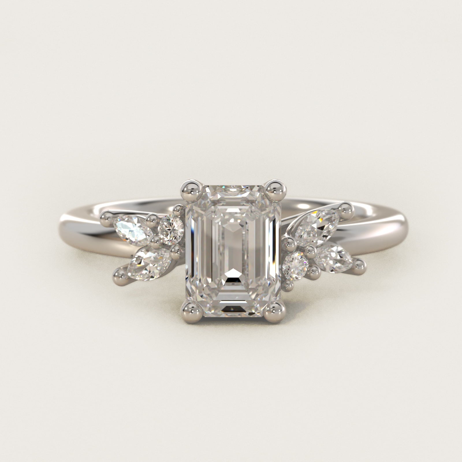 Marquise and Round Cluster Array Diamond Engagement Ring in 14k White Gold - Emerald Center