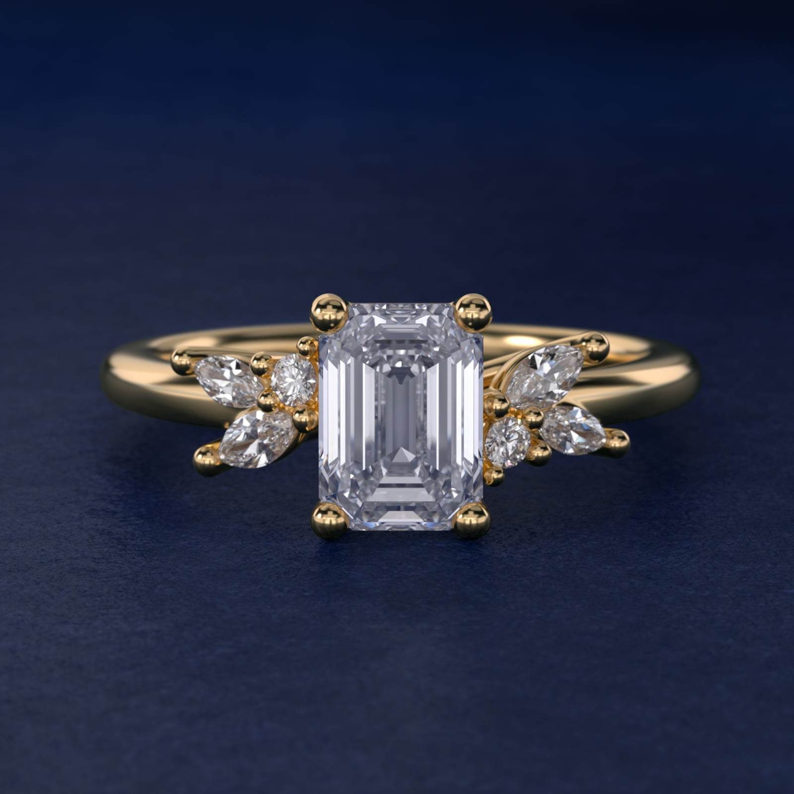 Marquise and Round Cluster Array Diamond Engagement Ring in 18k Yellow Gold - Emerald Center