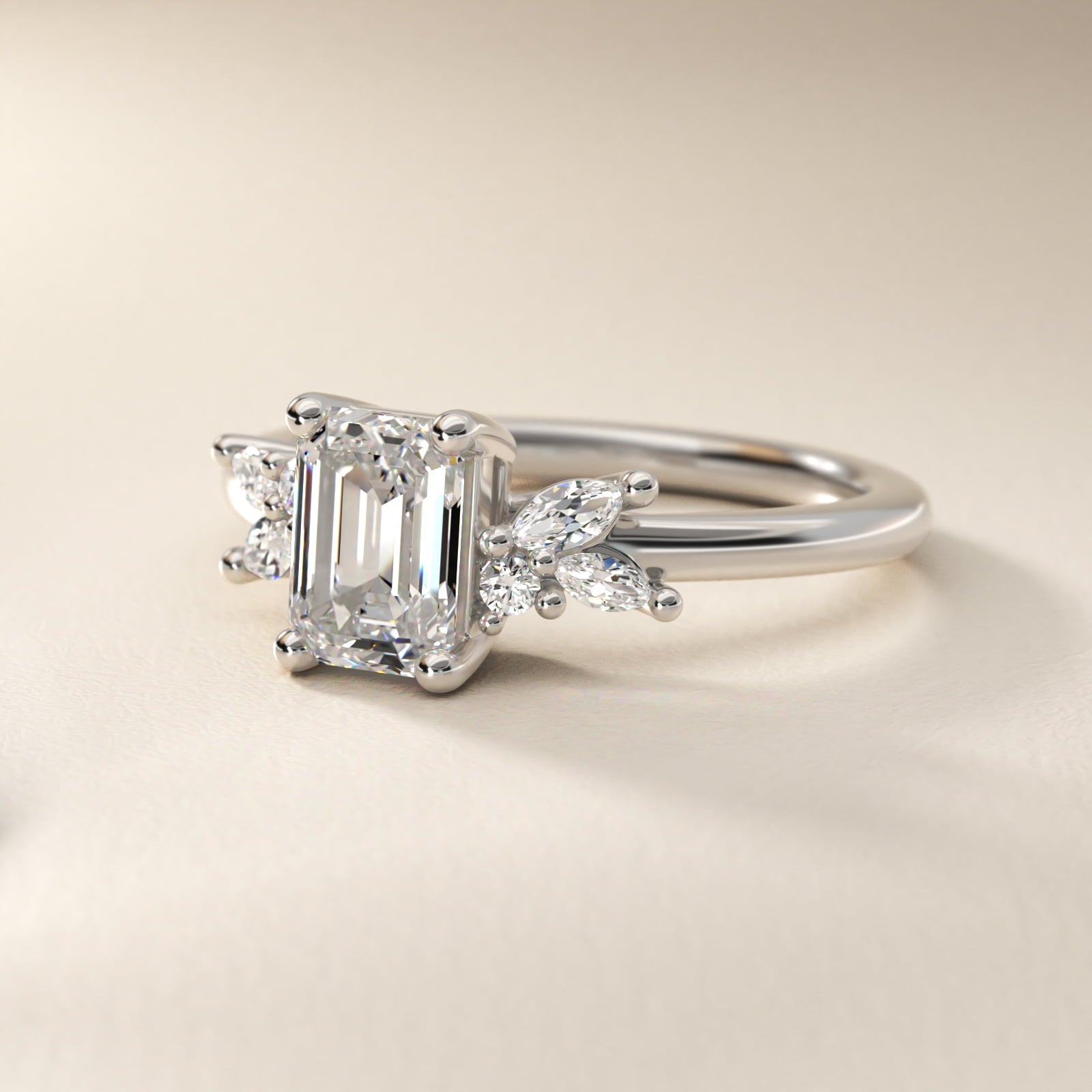 Marquise and Round Cluster Array Diamond Engagement Ring in Platinum - Emerald Center