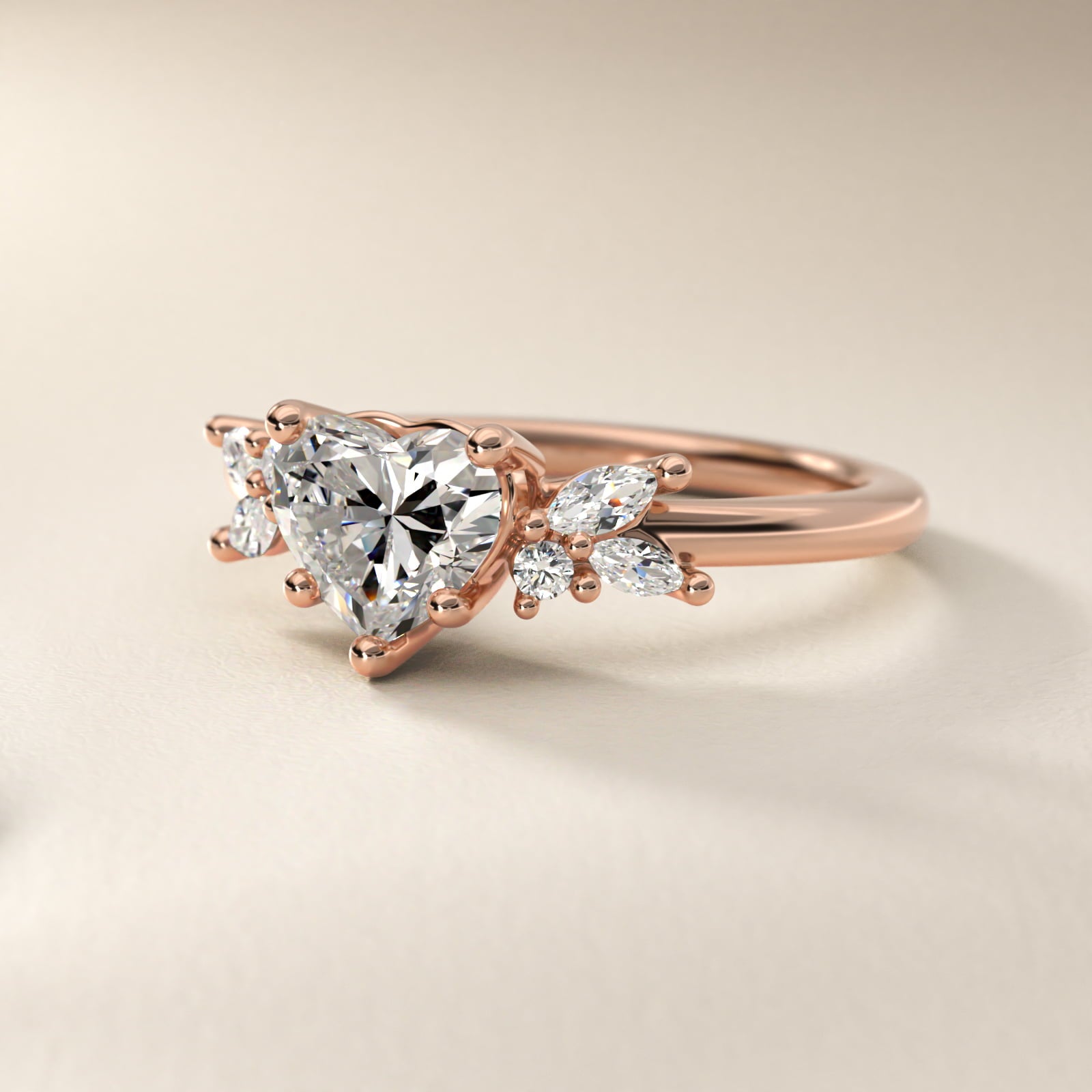 Marquise and Round Cluster Array Diamond Engagement Ring in 14k Rose Gold - Heart Center