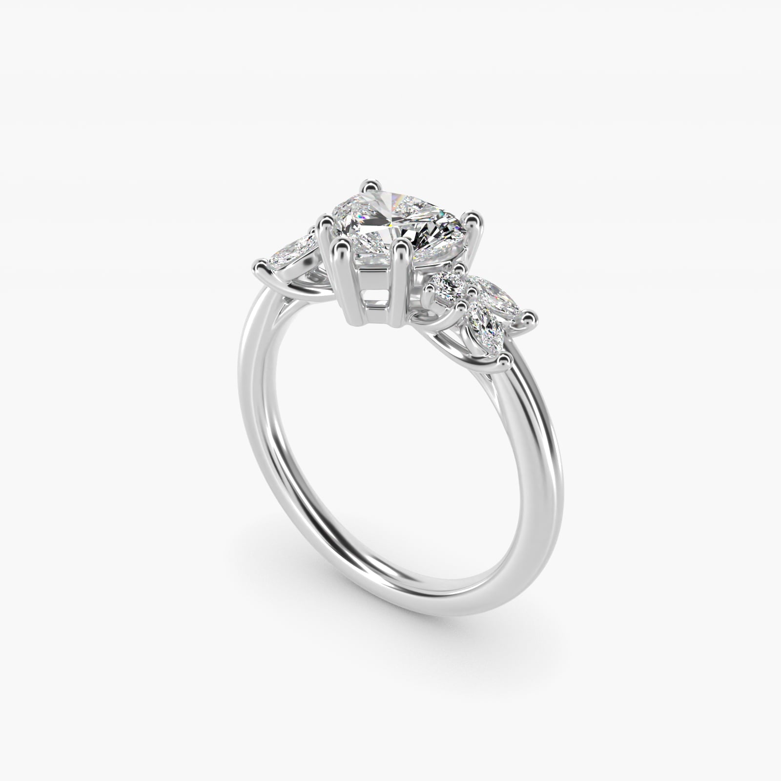 Marquise and Round Cluster Array Diamond Engagement Ring in 18k White Gold - Heart Center