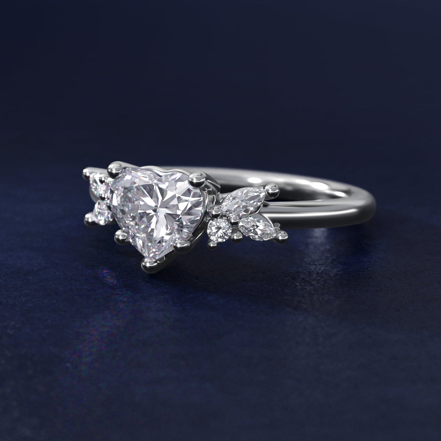 Marquise and Round Cluster Array Diamond Engagement Ring in 18k White Gold - Heart Center