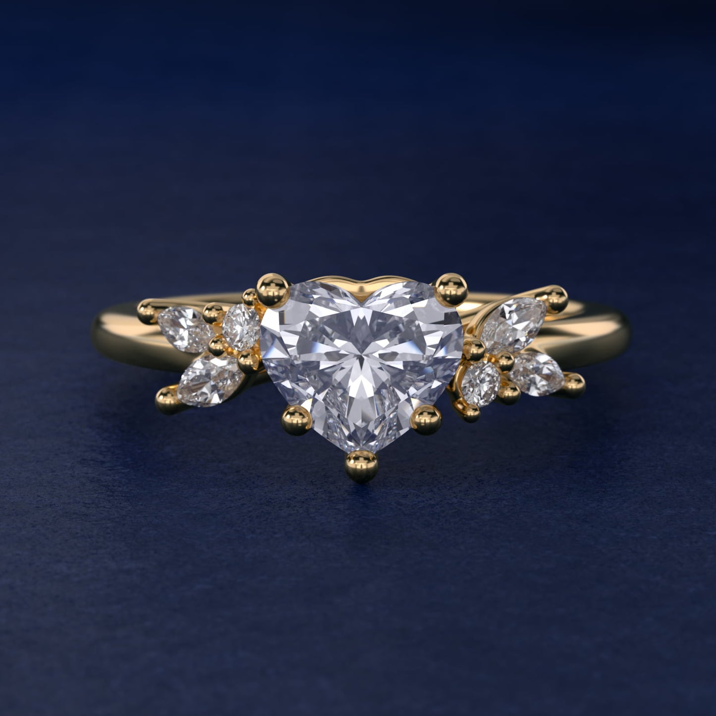 Marquise and Round Cluster Array Diamond Engagement Ring in 14k Yellow Gold - Heart Center