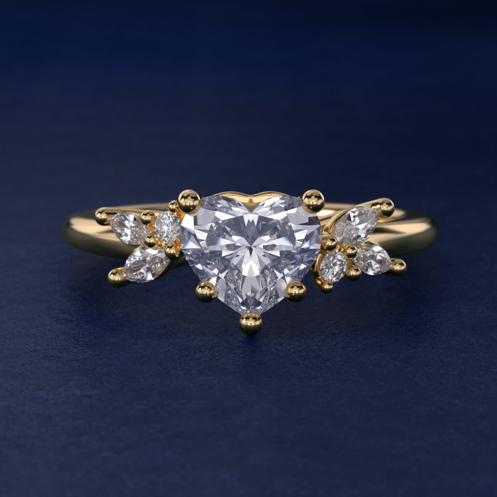 Marquise and Round Cluster Array Diamond Engagement Ring in 18k Yellow Gold - Heart Center