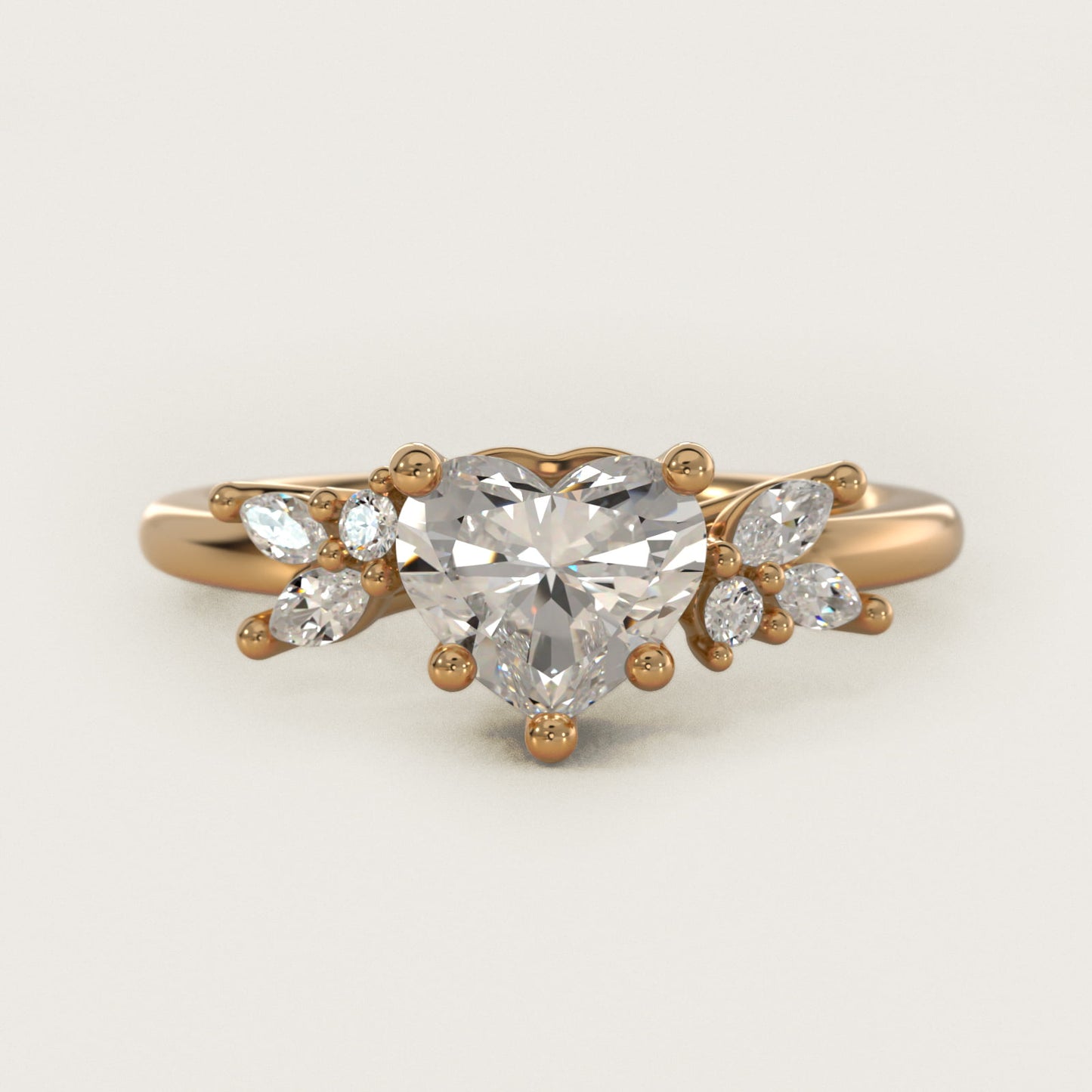Marquise and Round Cluster Array Diamond Engagement Ring in 18k Yellow Gold - Heart Center