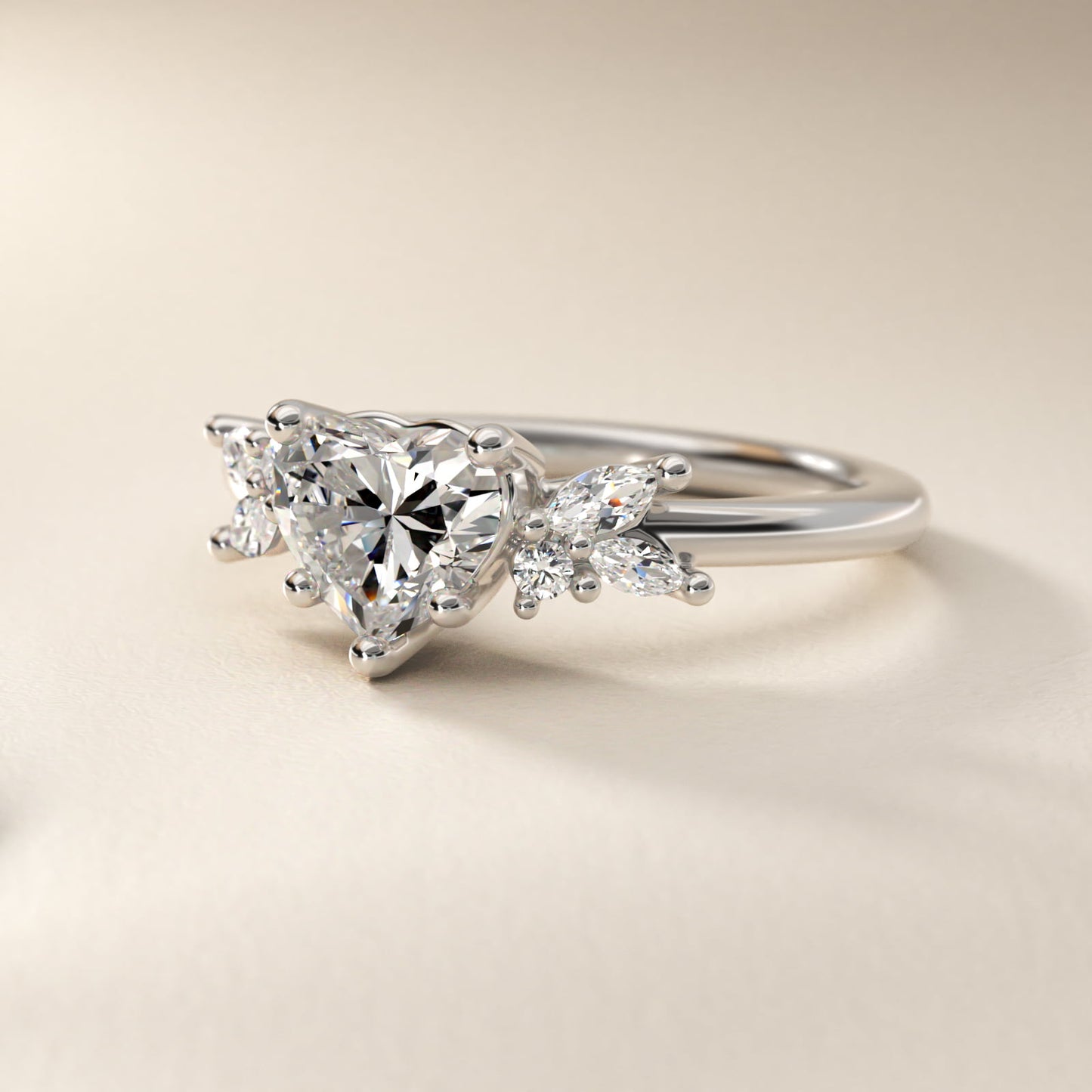 Marquise and Round Cluster Array Diamond Engagement Ring in Platinum - Heart Center